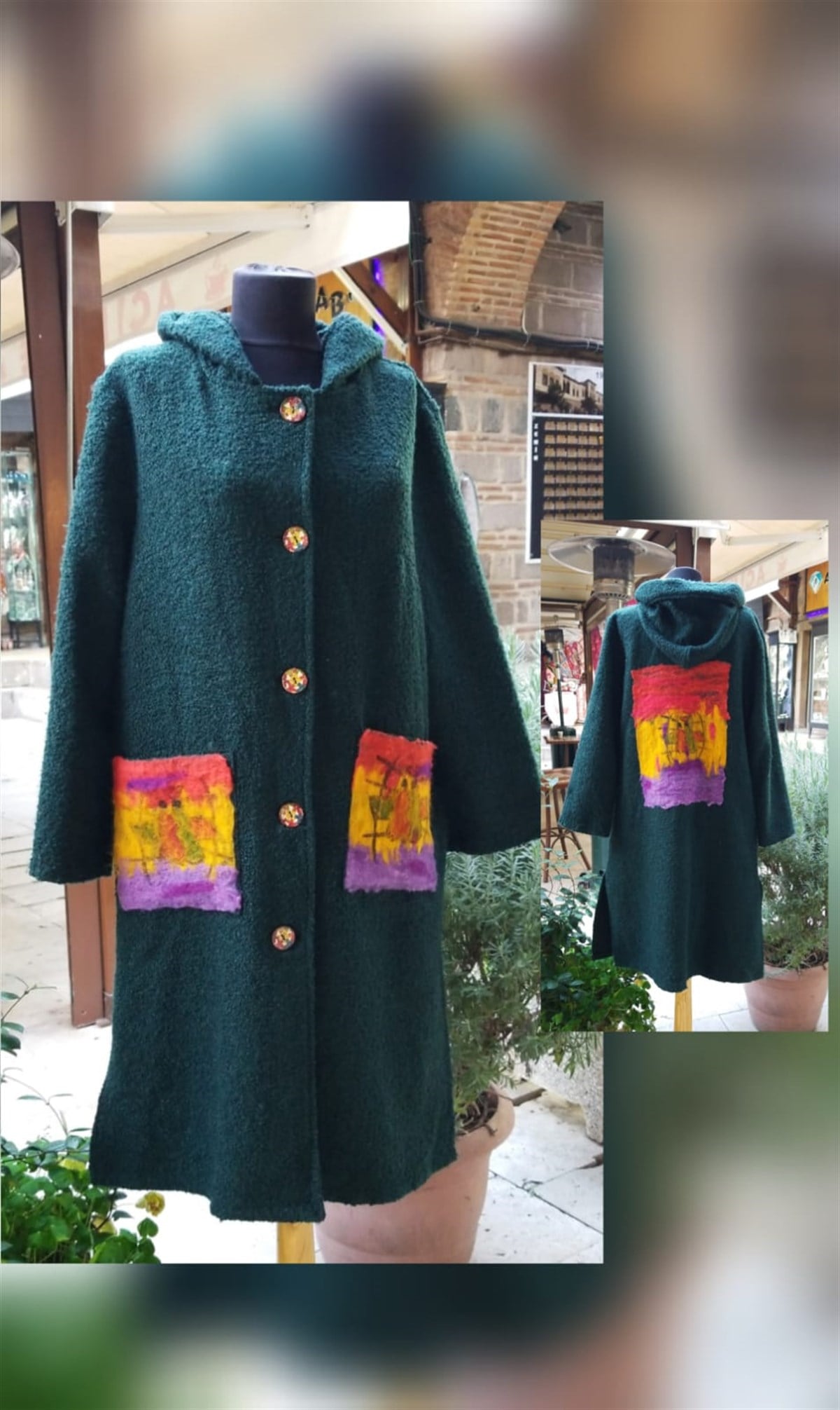  Yün Buklet Keçe İşlemeli Kaban (Oversize)