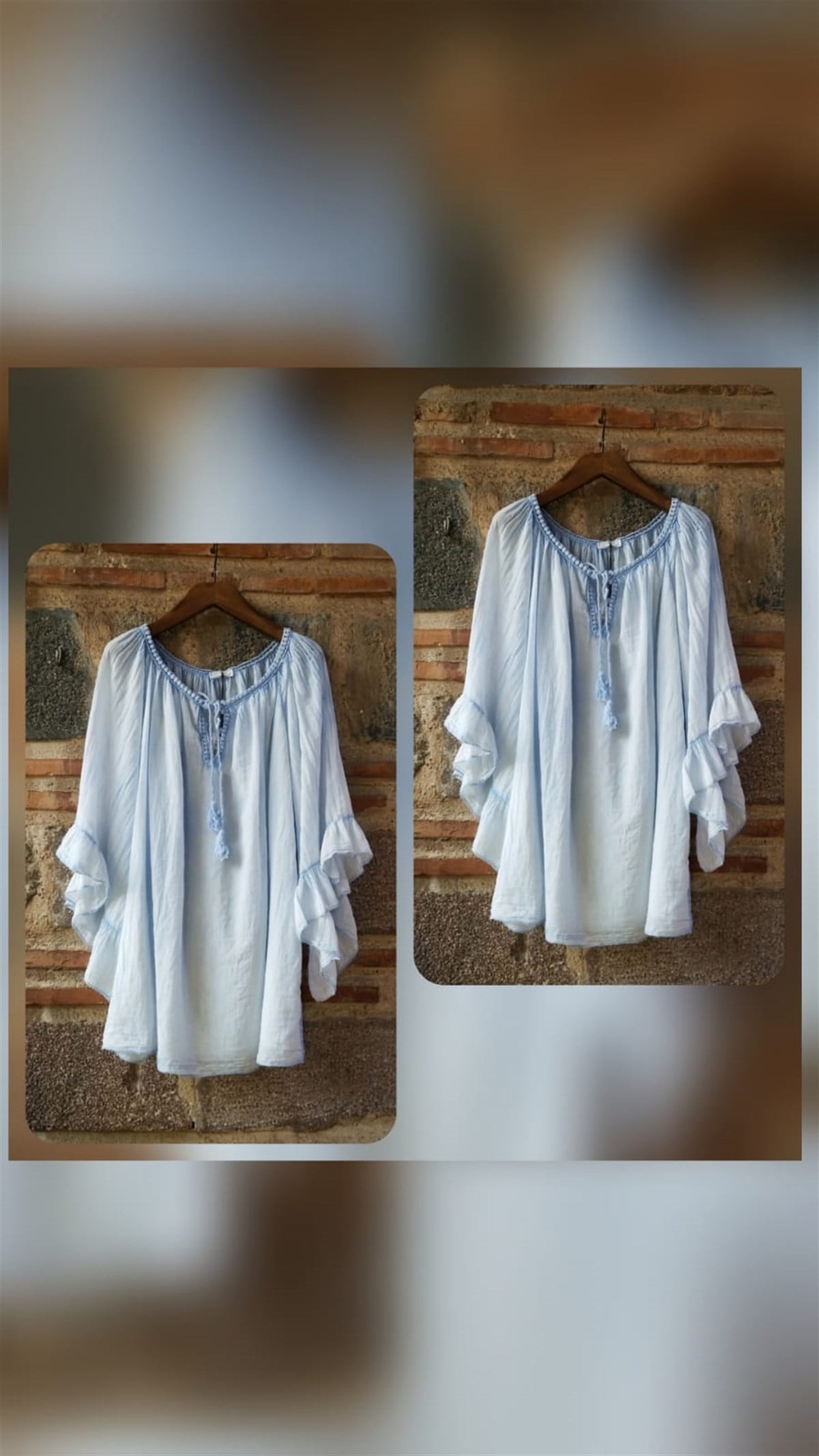 Açık Mavi İtalyan Kolları Farbalalı Bluz
