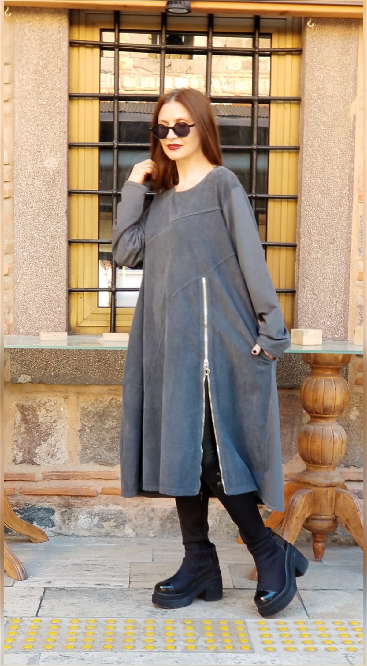 Antrasit Fitilli Kadife Elbise