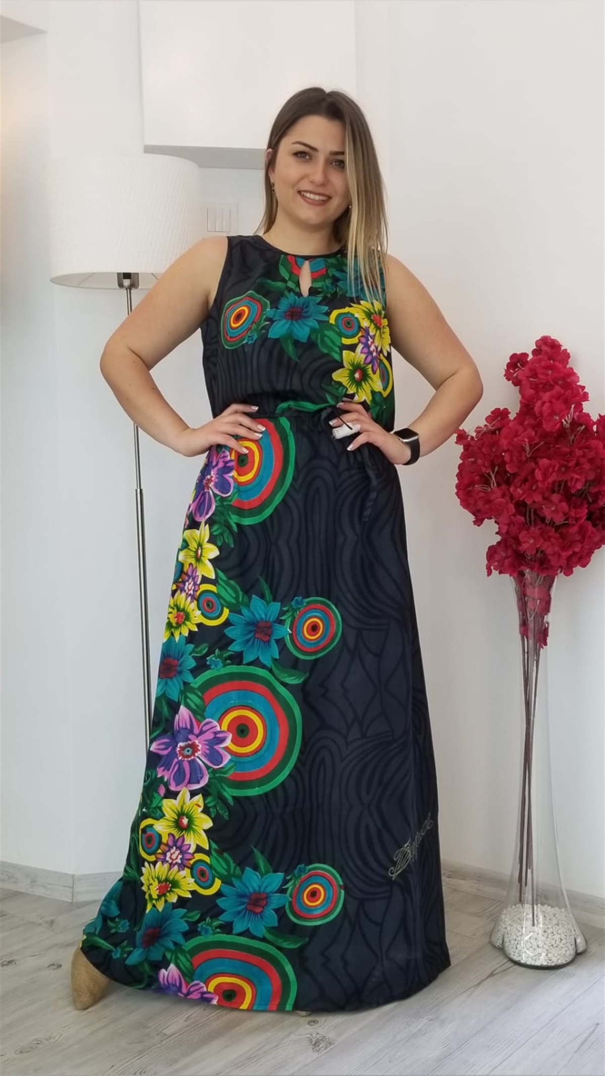 Antrasit Gri  Çiçek Desenli Maxi Boy Elbise