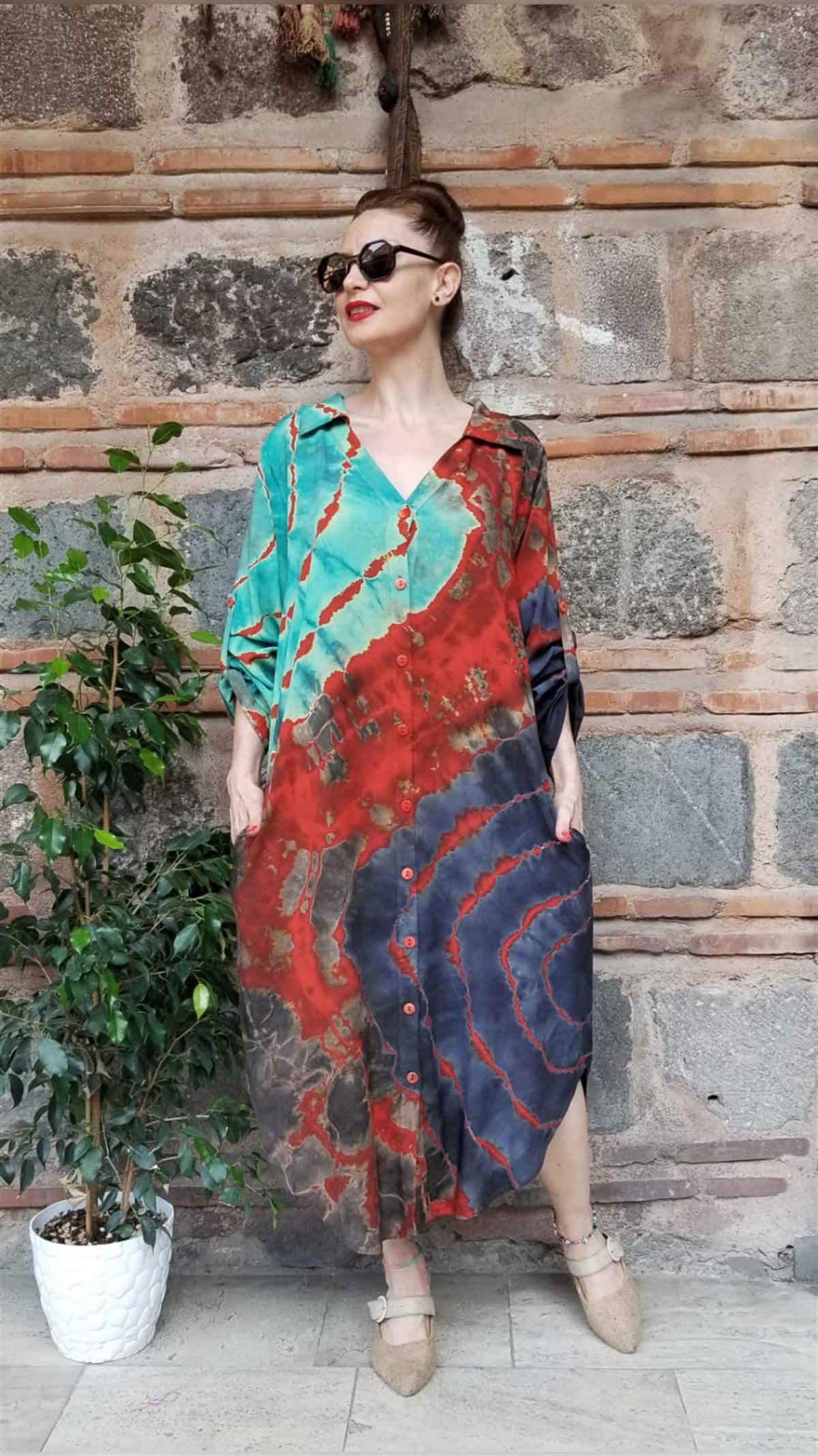 Antrasit Renk Batikli Önü Ful Düğmeli Gömlek Elbise