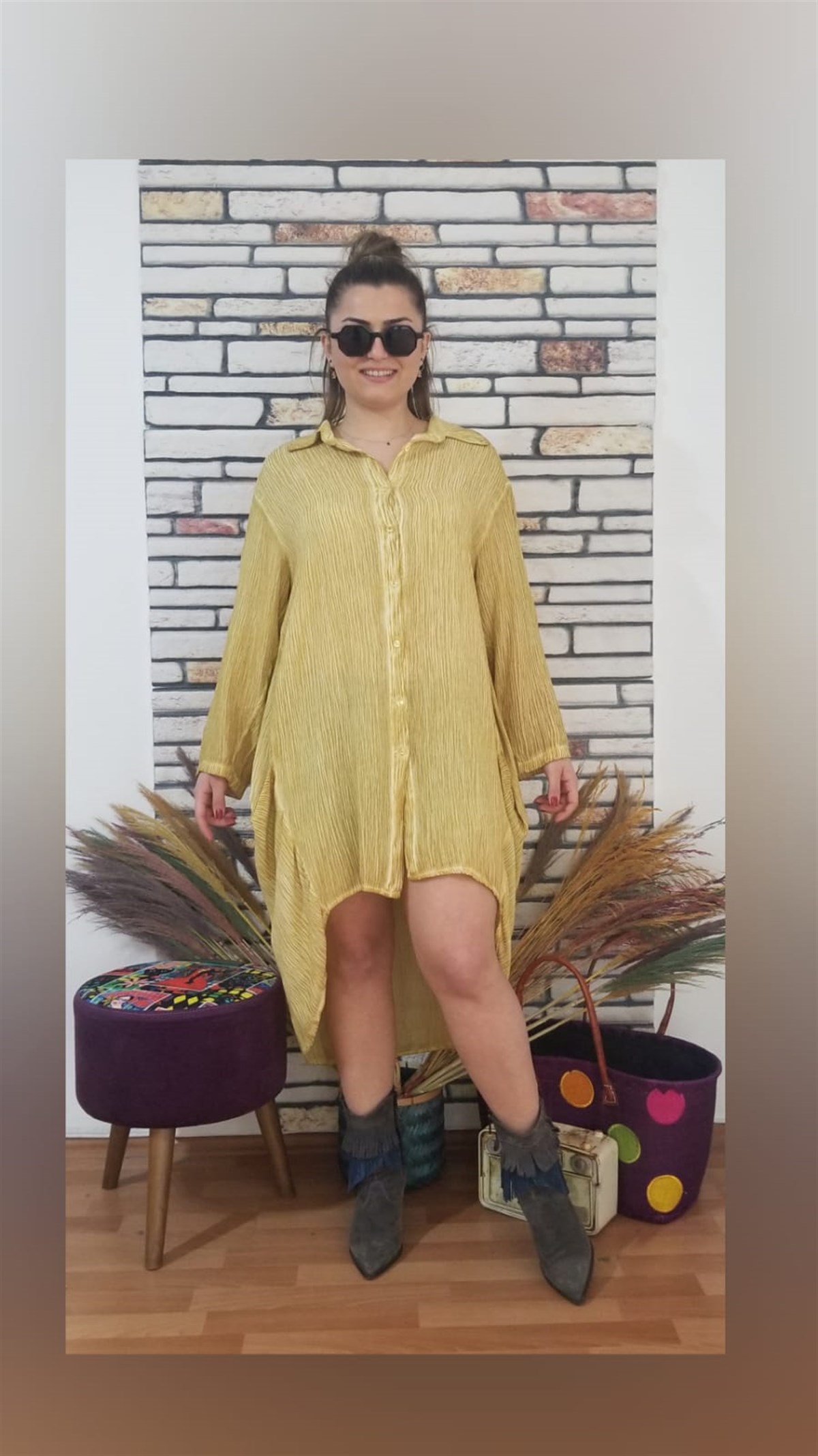 Asit Sarı Düğmeli Gömlek Elbise