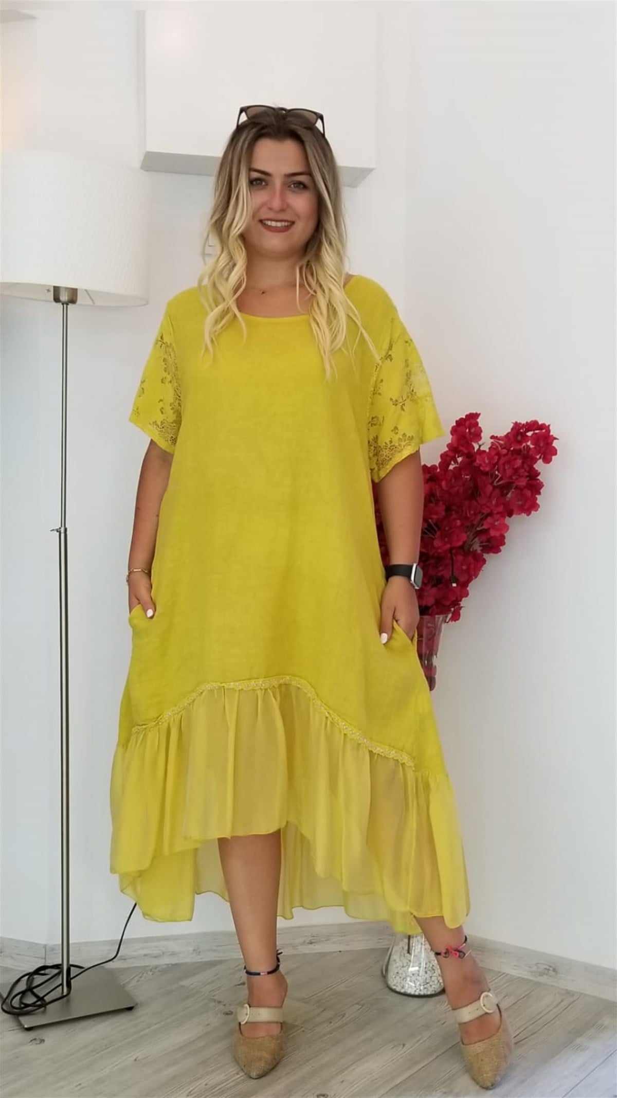 Asit Sarı İtalyan Keten Kumaş Elbise
