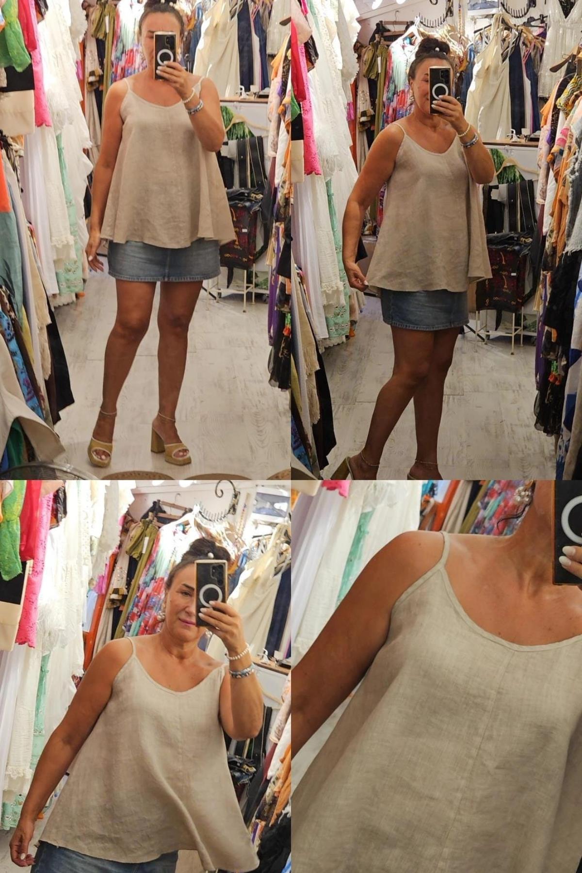 Askılı Keten Bluz Ekru