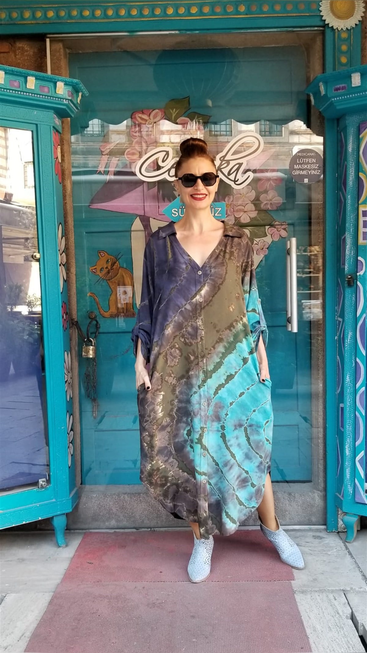 Batik Desenli Önü Ful Düğmeli Gömlek Elbise