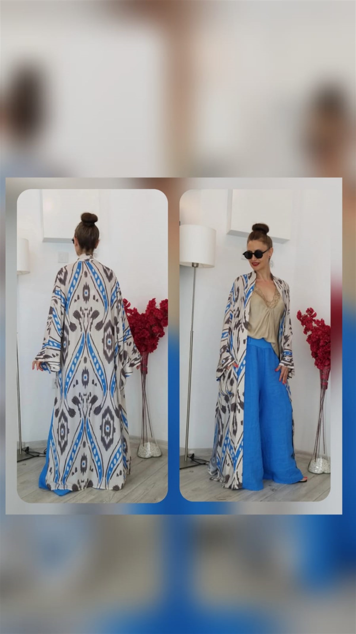 Bej Rengi Desenli Kimono