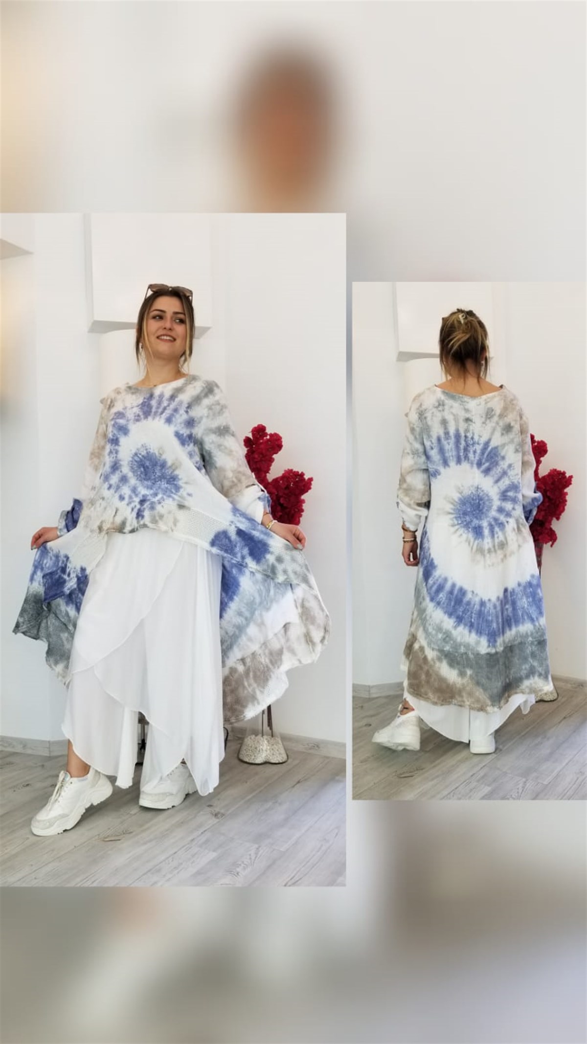 Beyaz Batikli Etek Ucu File Detaylı Tunik