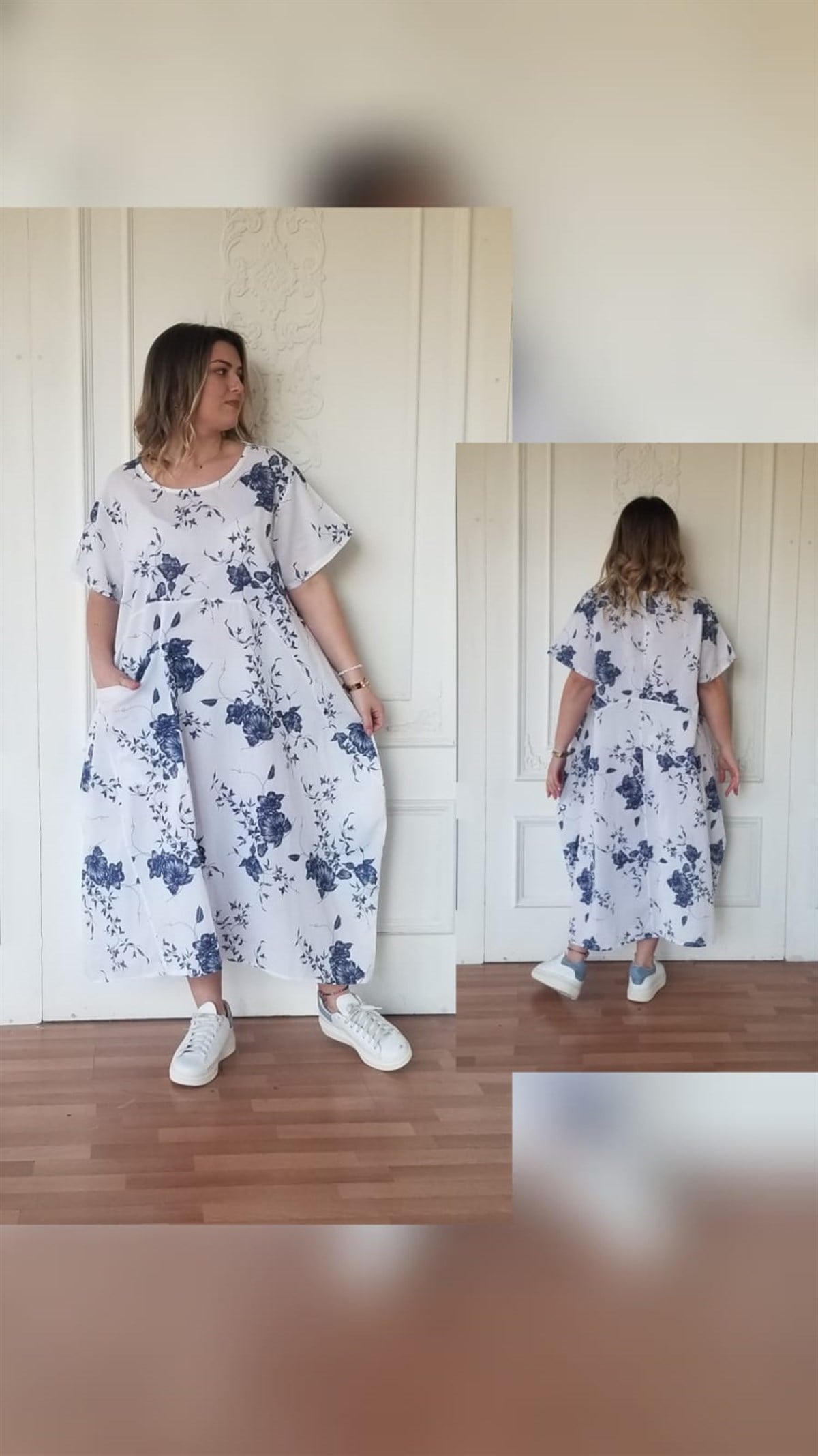 Beyaz Çiçekli Tek Taraf Çepli  İtalyan Elbise ( Kupon Ürün)
