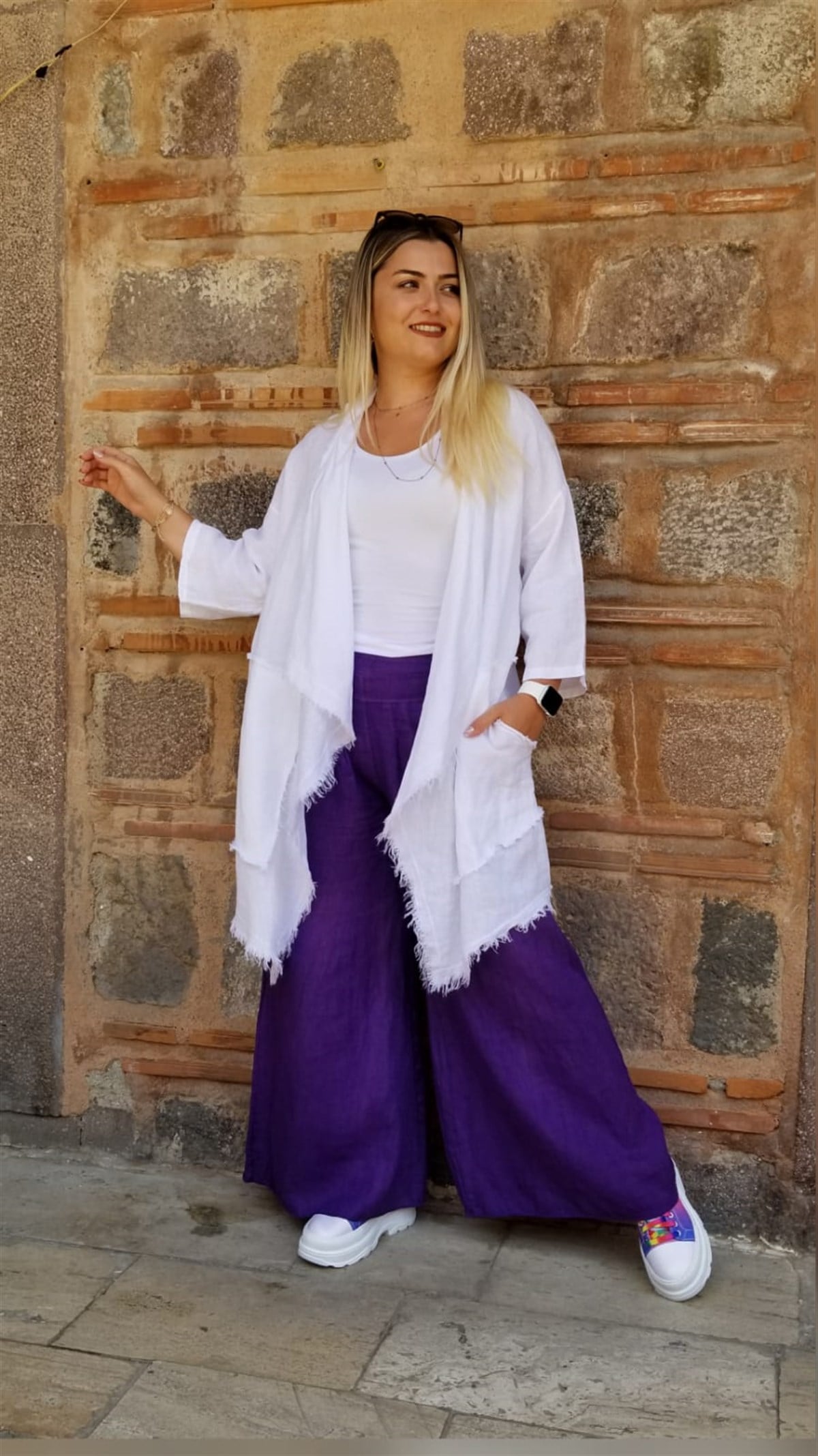 Beyaz İtalyan Cepli Asimetrik Keten Ceket 