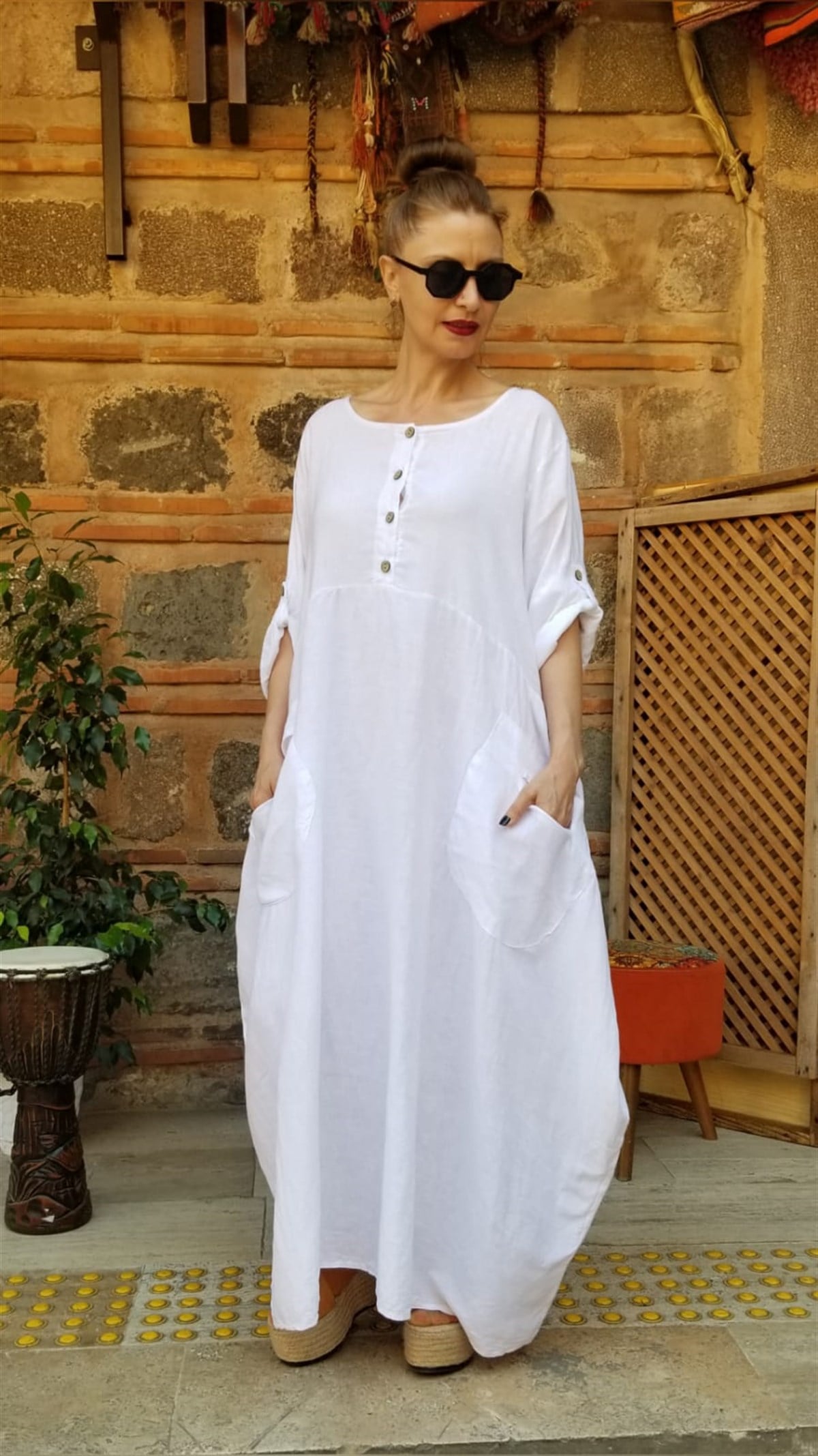 Beyaz İtalyan Keten Salaş Elbise