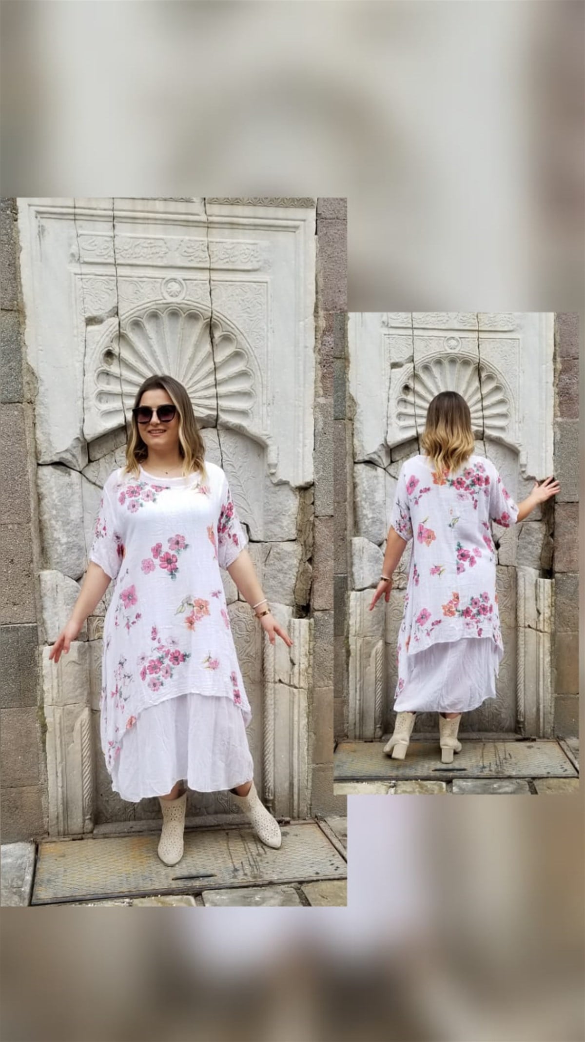 Beyaz Pembe Çİçekli İçi Astarlı Elbise
