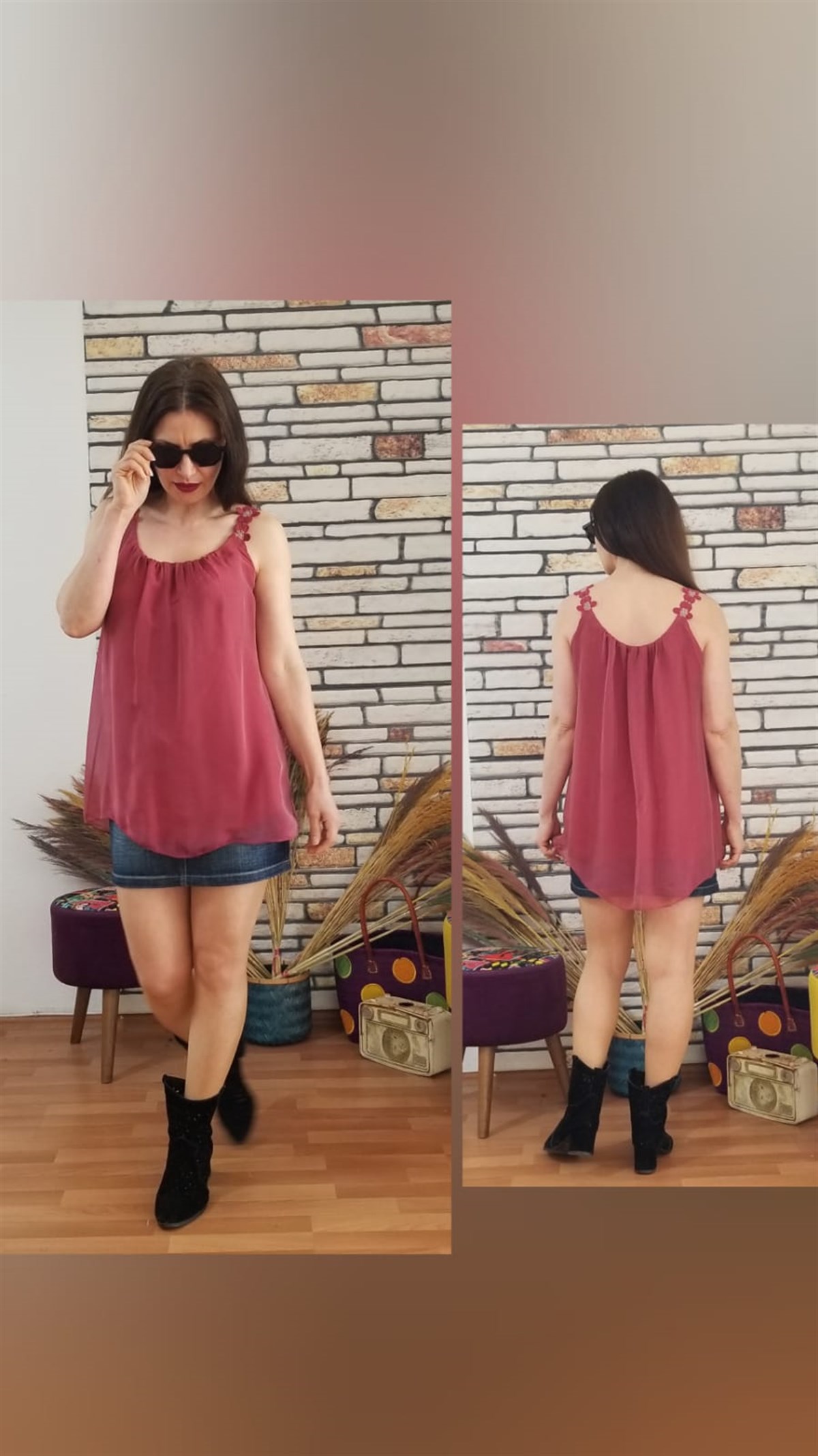 Bordo Askılı İpek Bluz İçi Astarlı