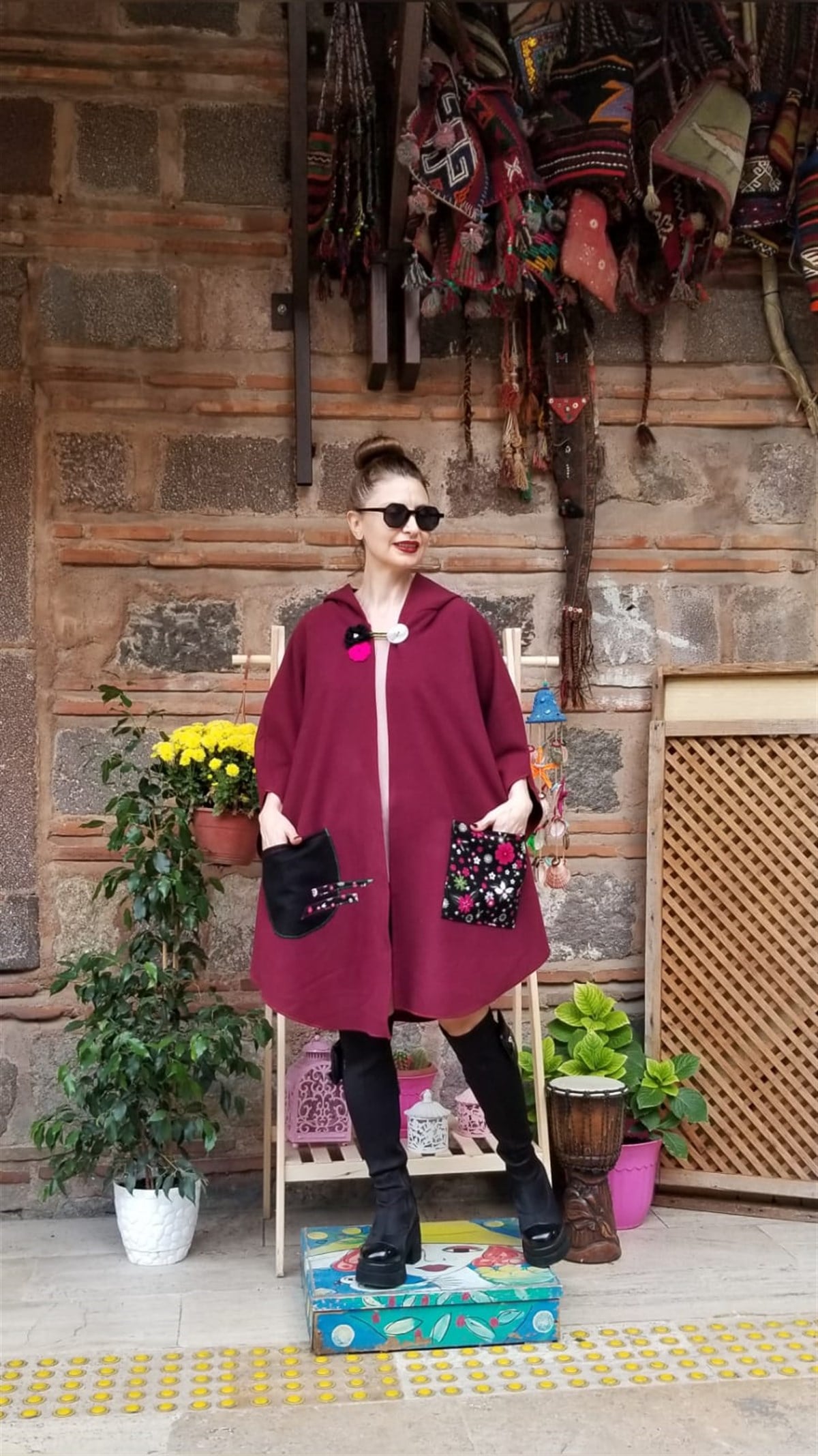 Bordo Kapşonlu Kaşe Panço