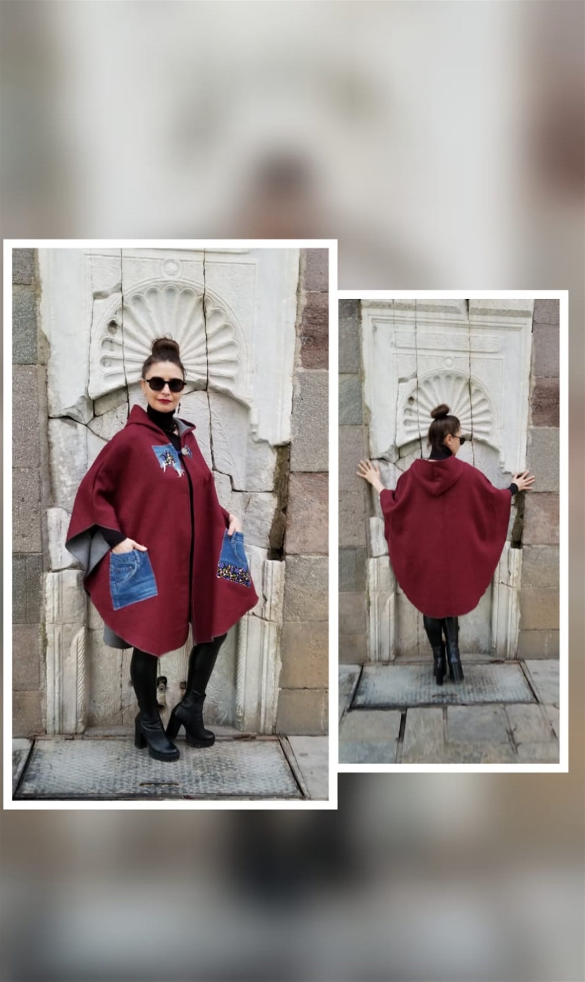 Bordo Kapşonlu Kaşe Panço