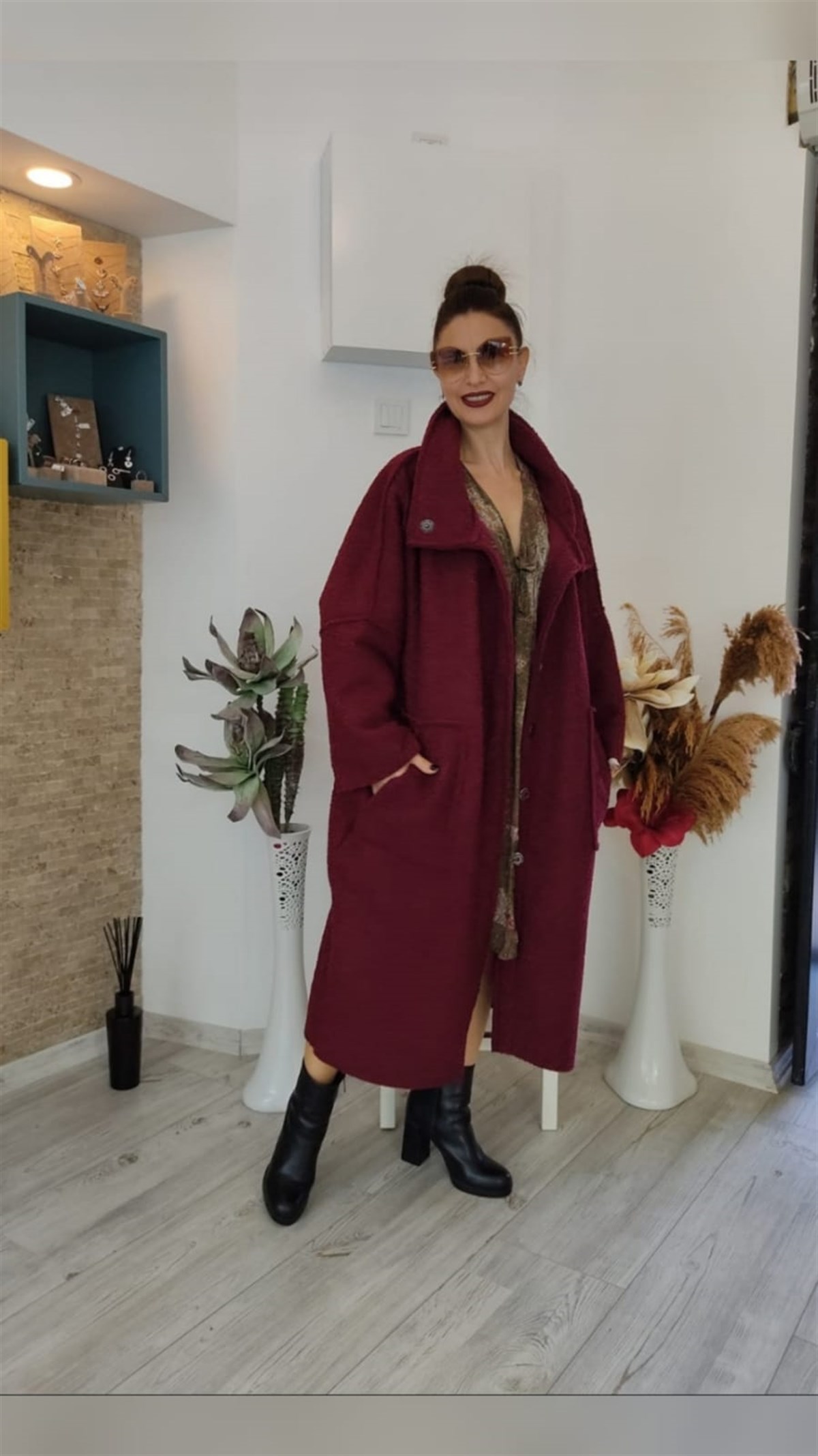 Bordo Yün Buklet İçi Polar Kaban (Oversize)
