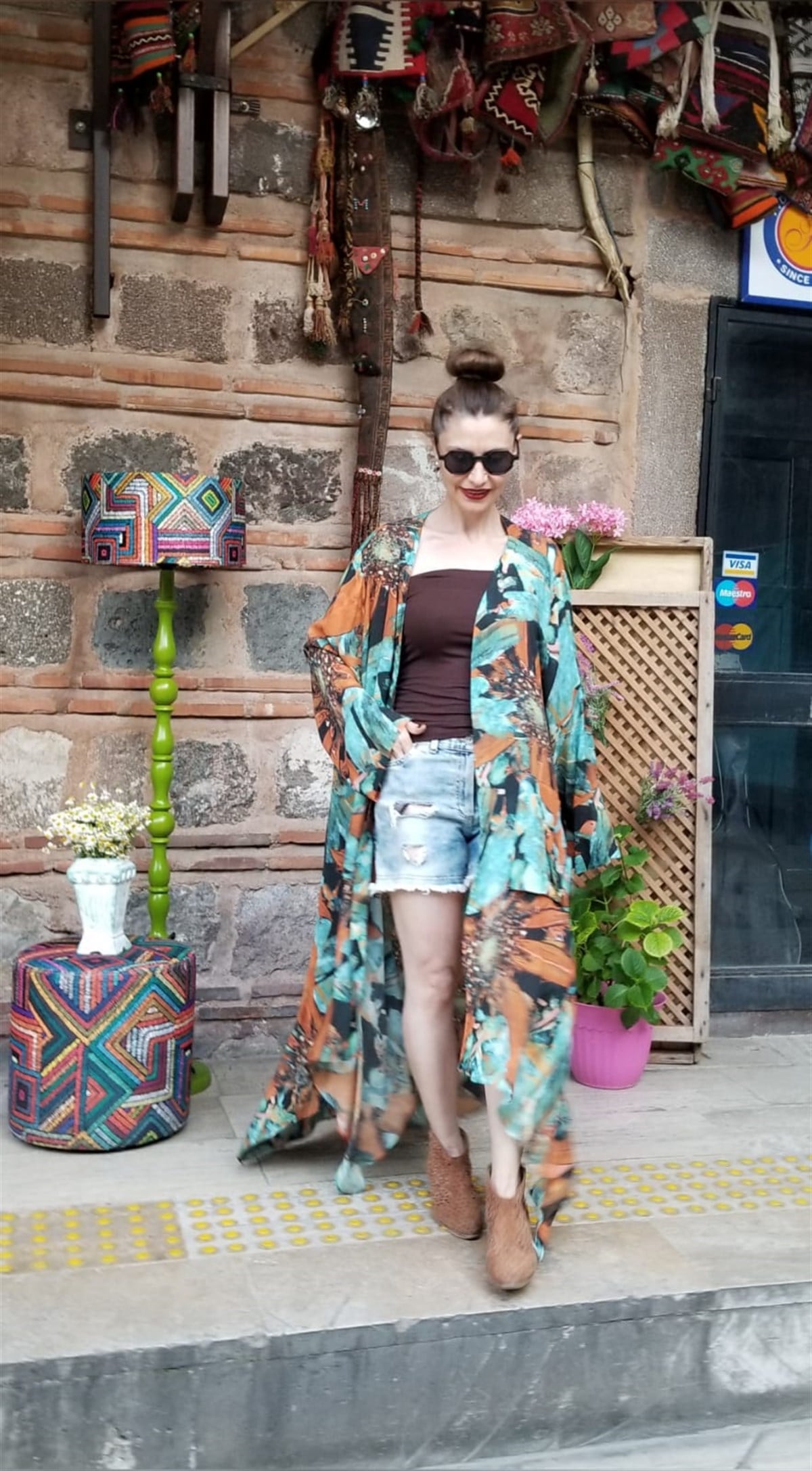 Çiçek Desen Uzun Pamuklu Viskon Kaftan