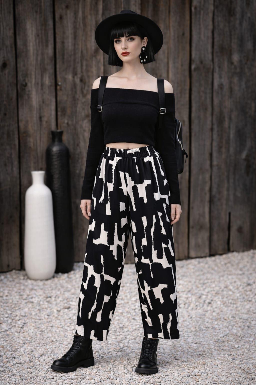 Dökümlü daralan paça beli lastikli yandan cepli grafik desen pantolon