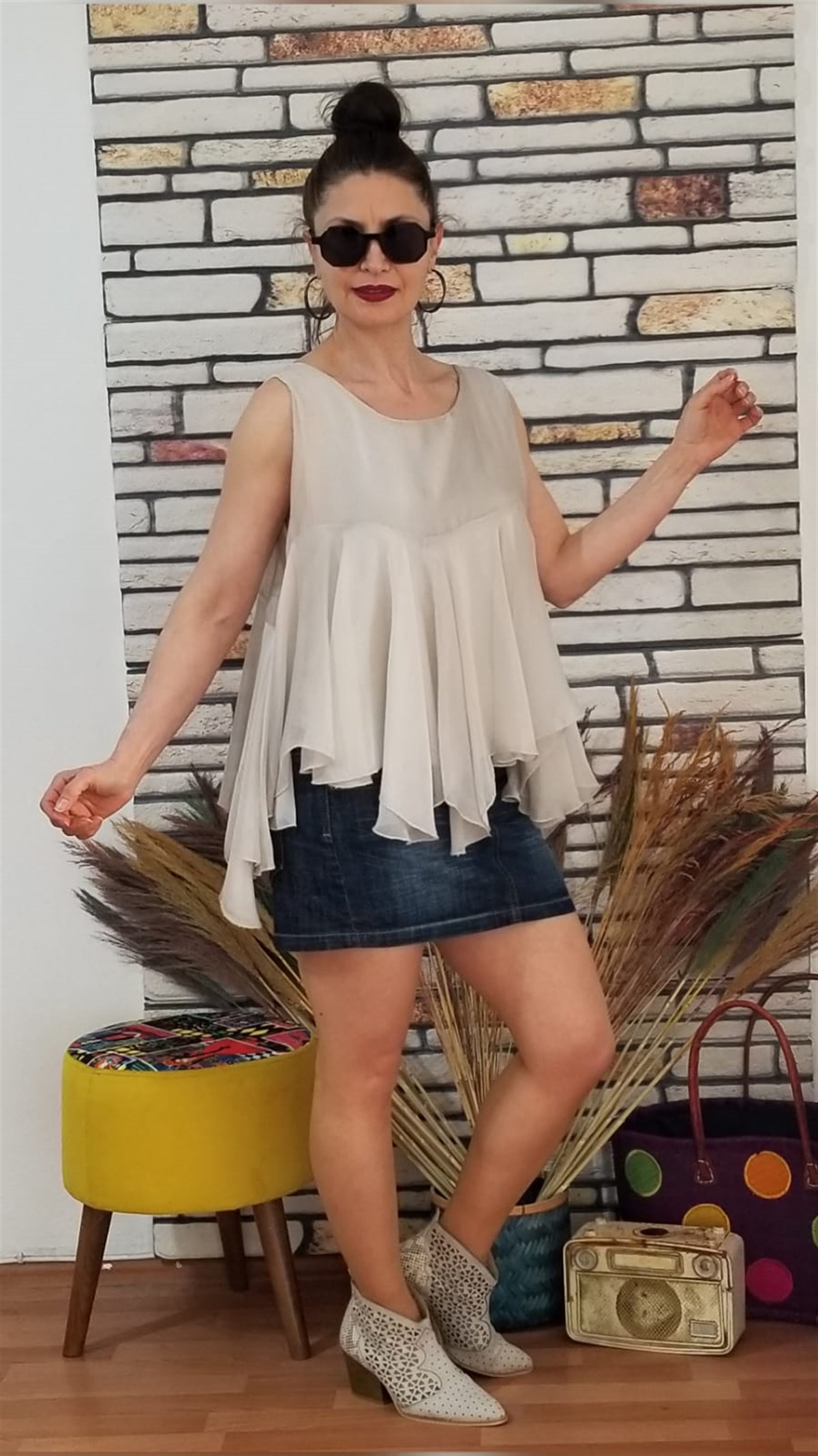 Ekru Askılı İpek Bluz İçi Astarlı