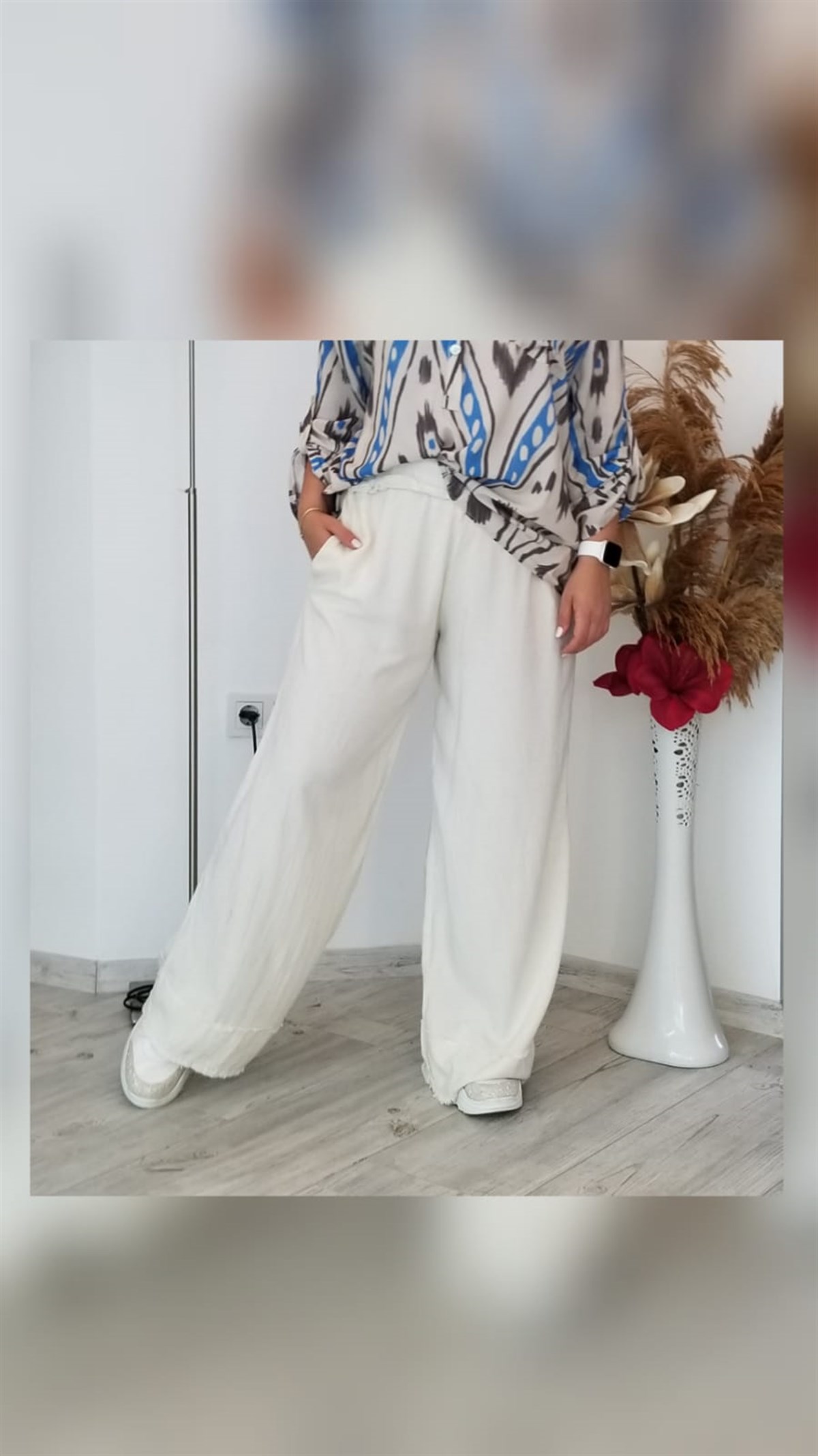 Ekru Beli Lastikli Cepli Keten Pantolon 
