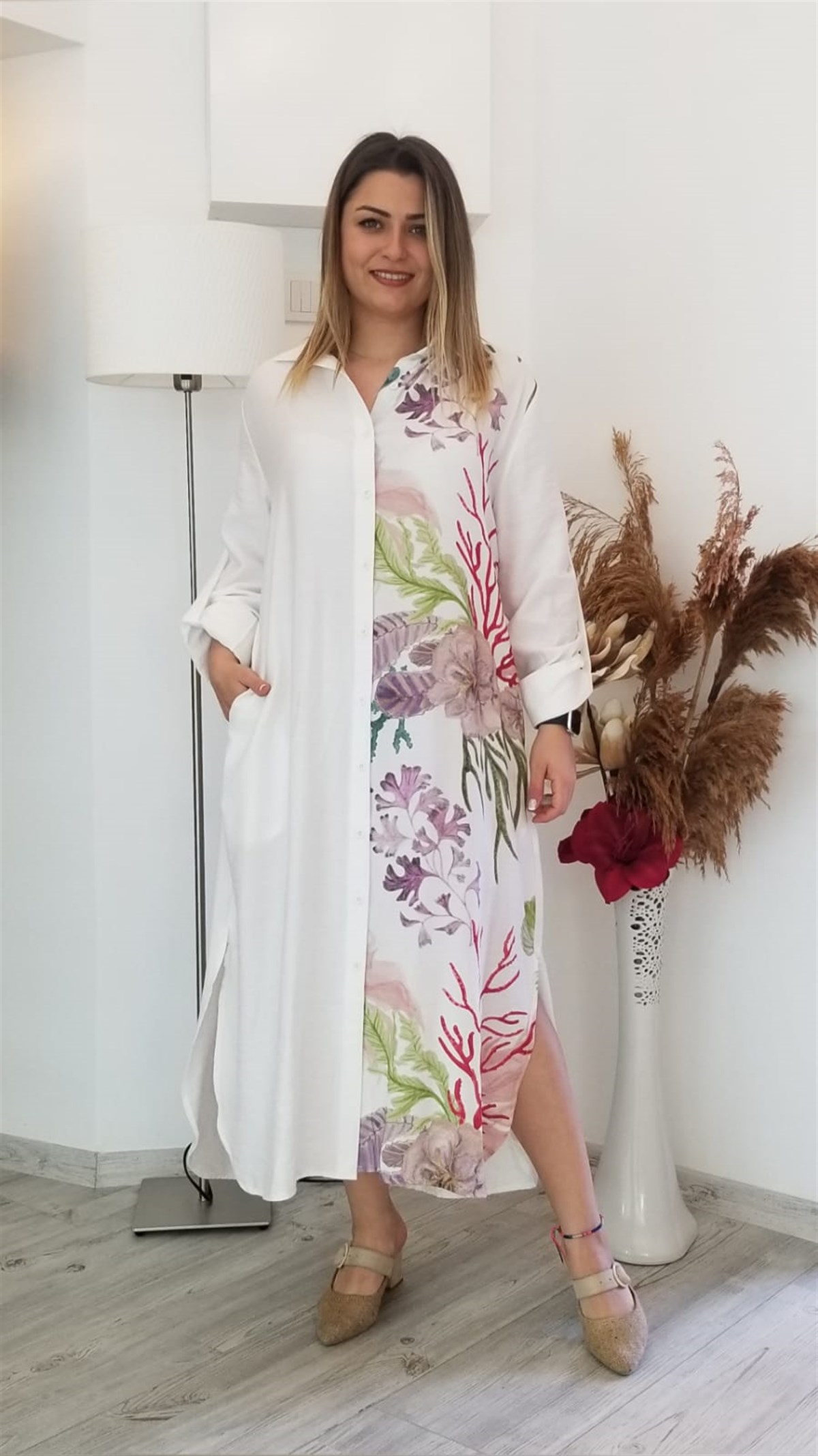Ekru Önü Ful Düğmeli Gömlek Elbise