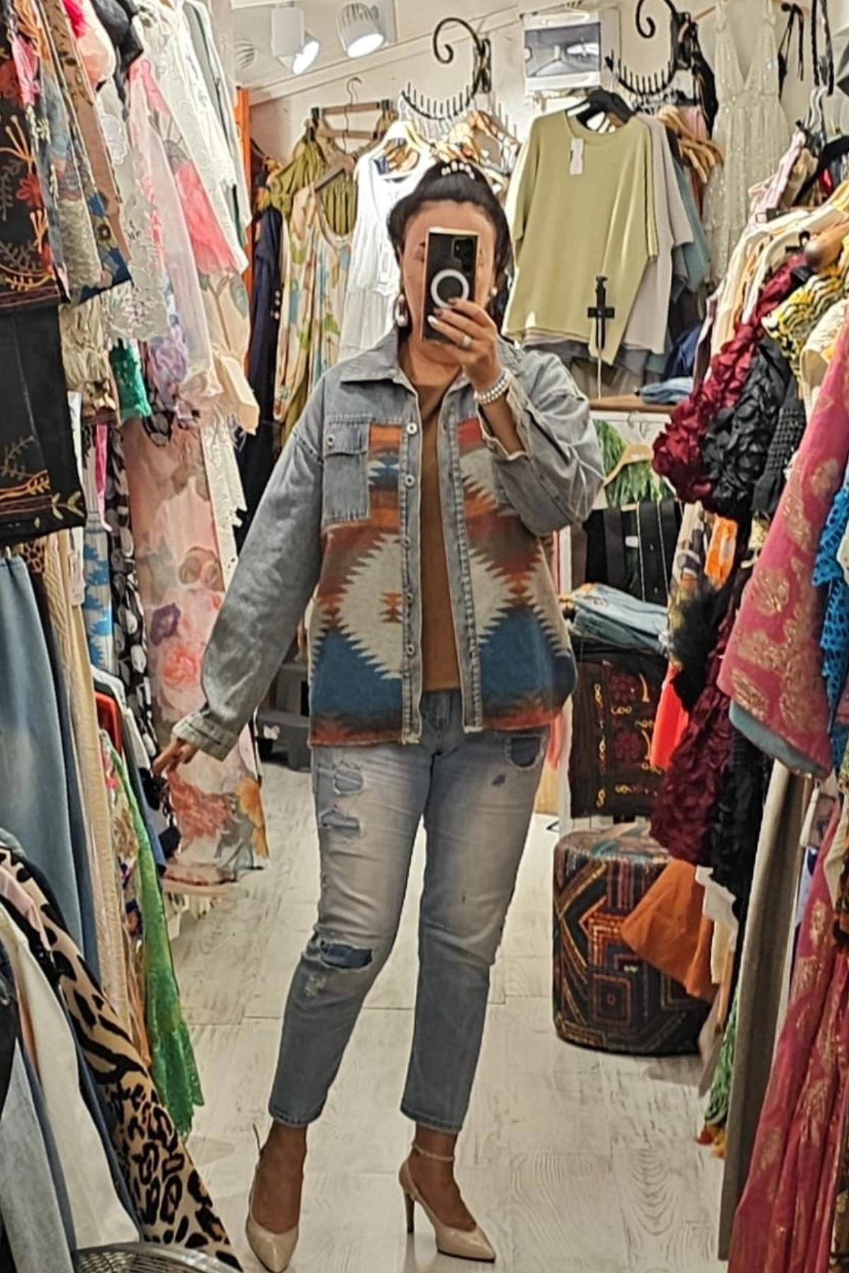 Etnik Tasarım Kot Ceket