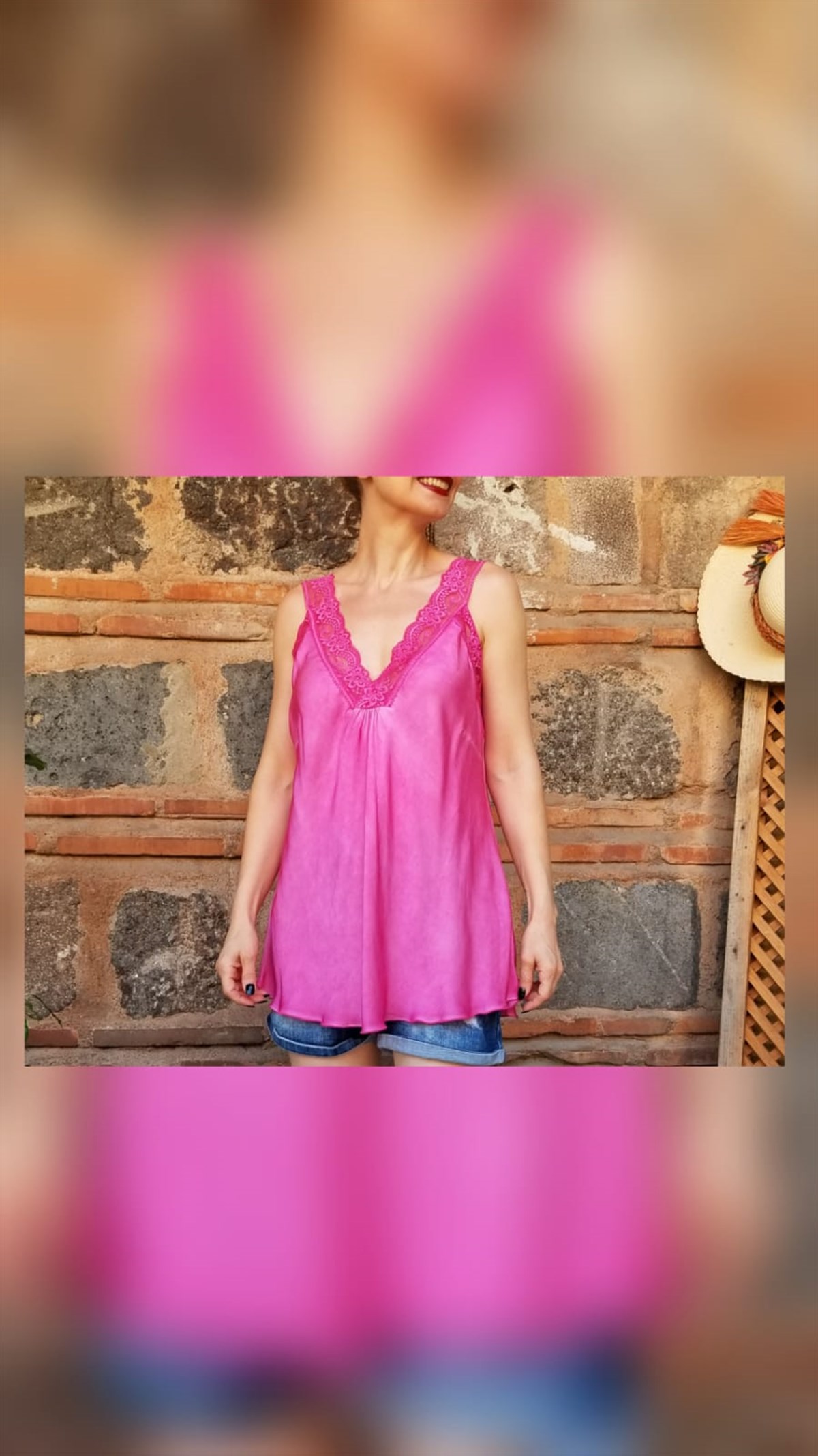 Fuşya Rergi Dantel Detaylı Bluz
