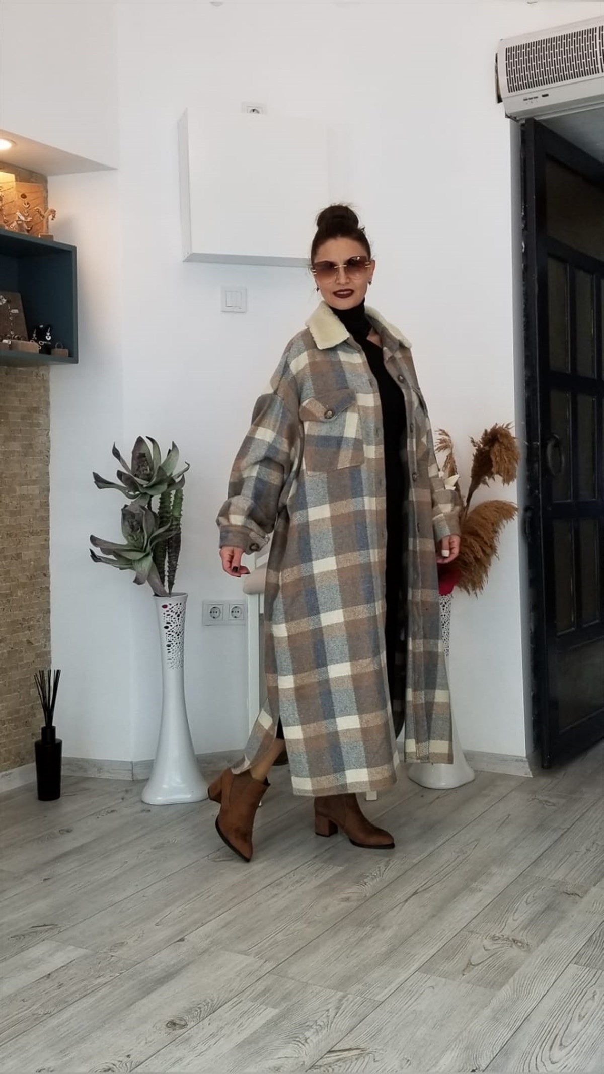 Gri Ekose Kaşe Kumaş Kaban