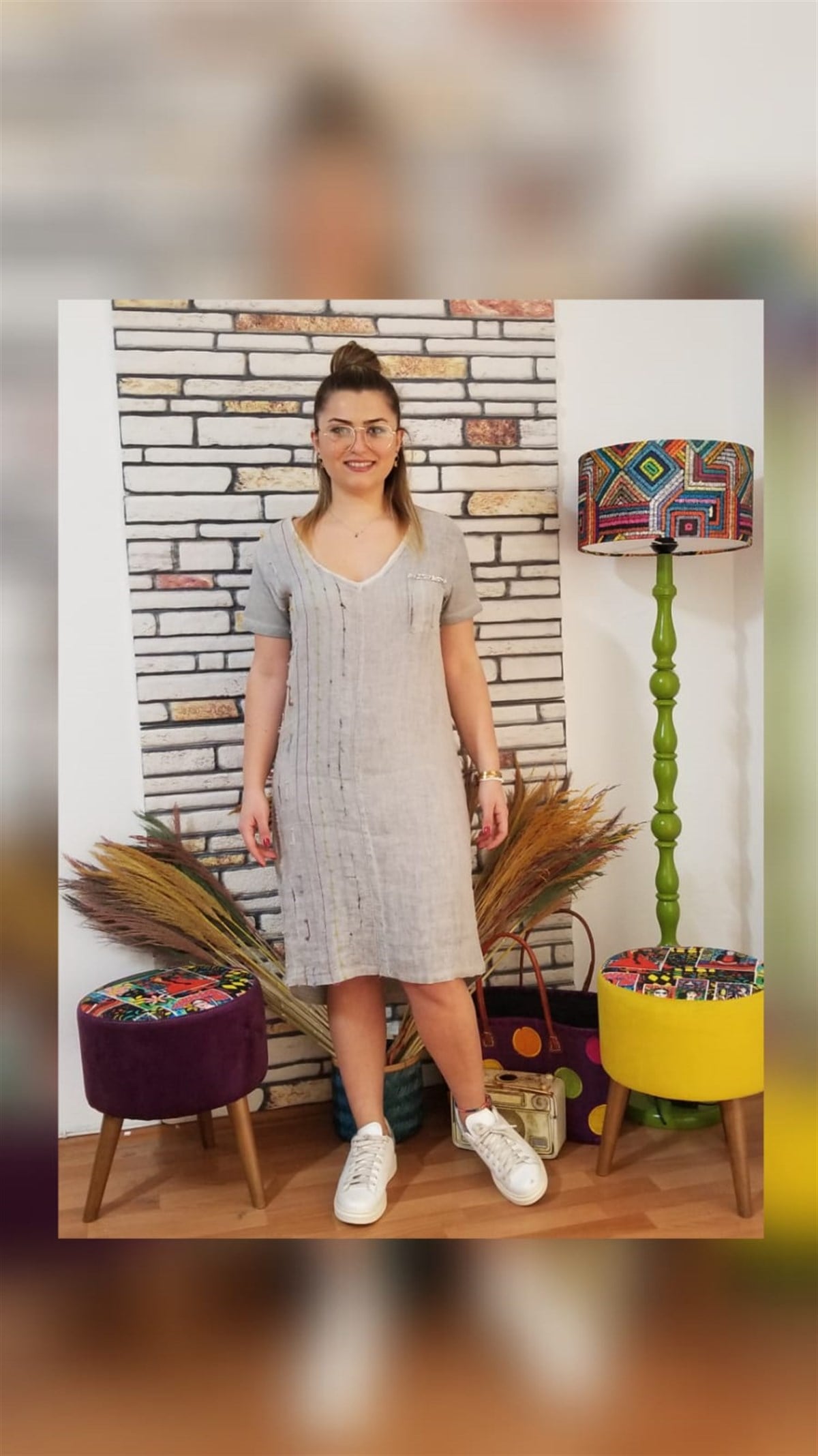 Gri Ön Keten Arka Penye Kumaş Elbise