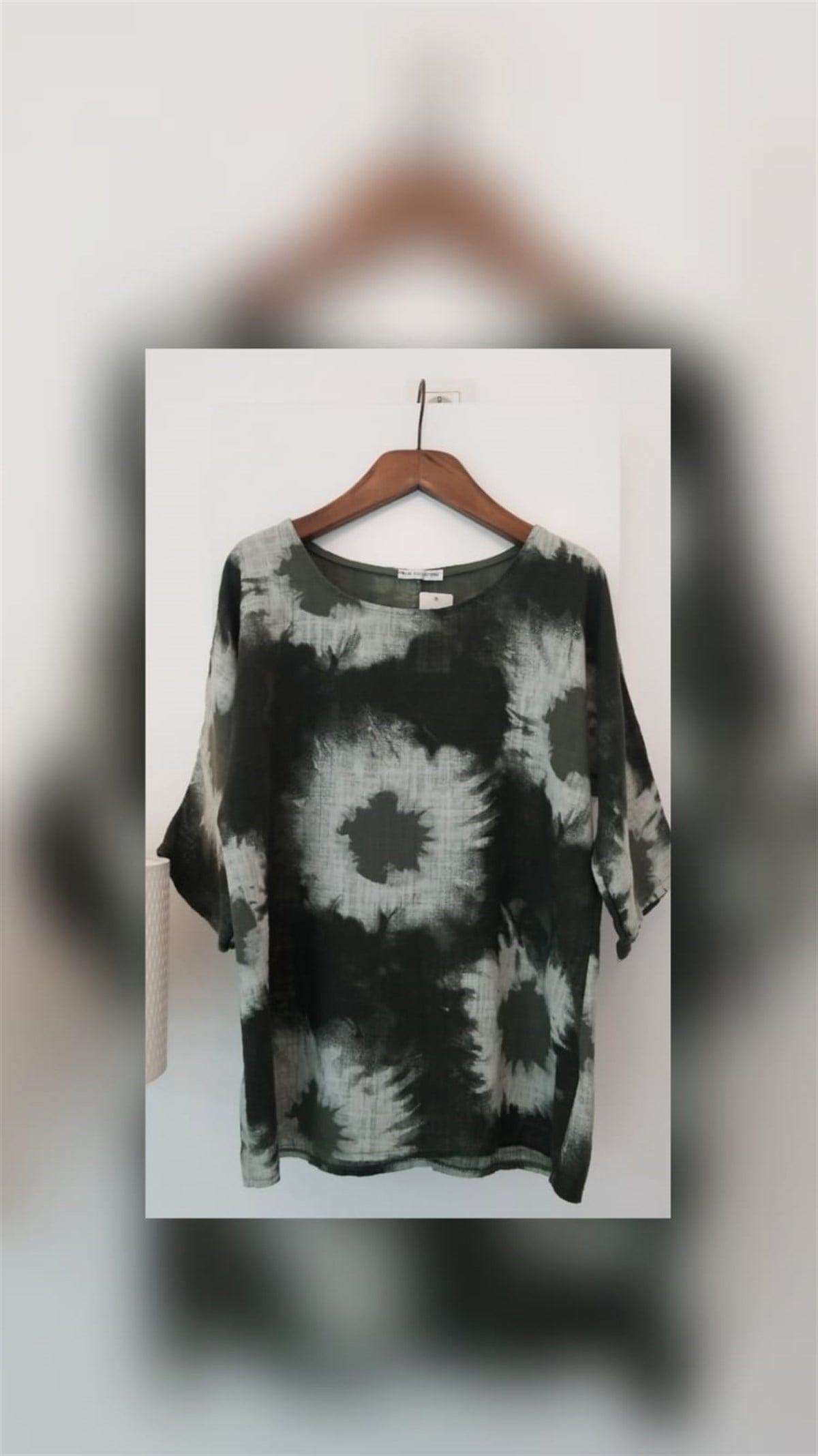 Haki Batik Desenli Keten Bluz