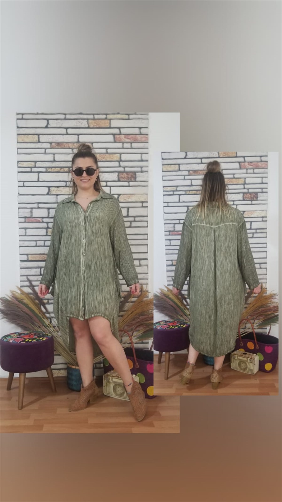 Haki Düğmeli Gömlek Elbise