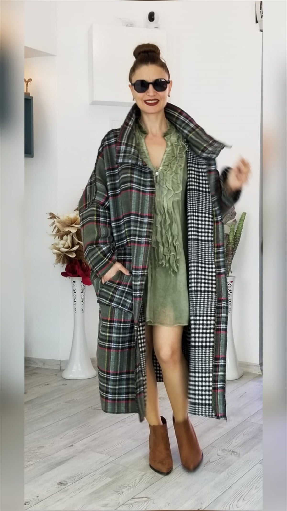 Haki Ekose Kaşe Kumaş Kaban 
