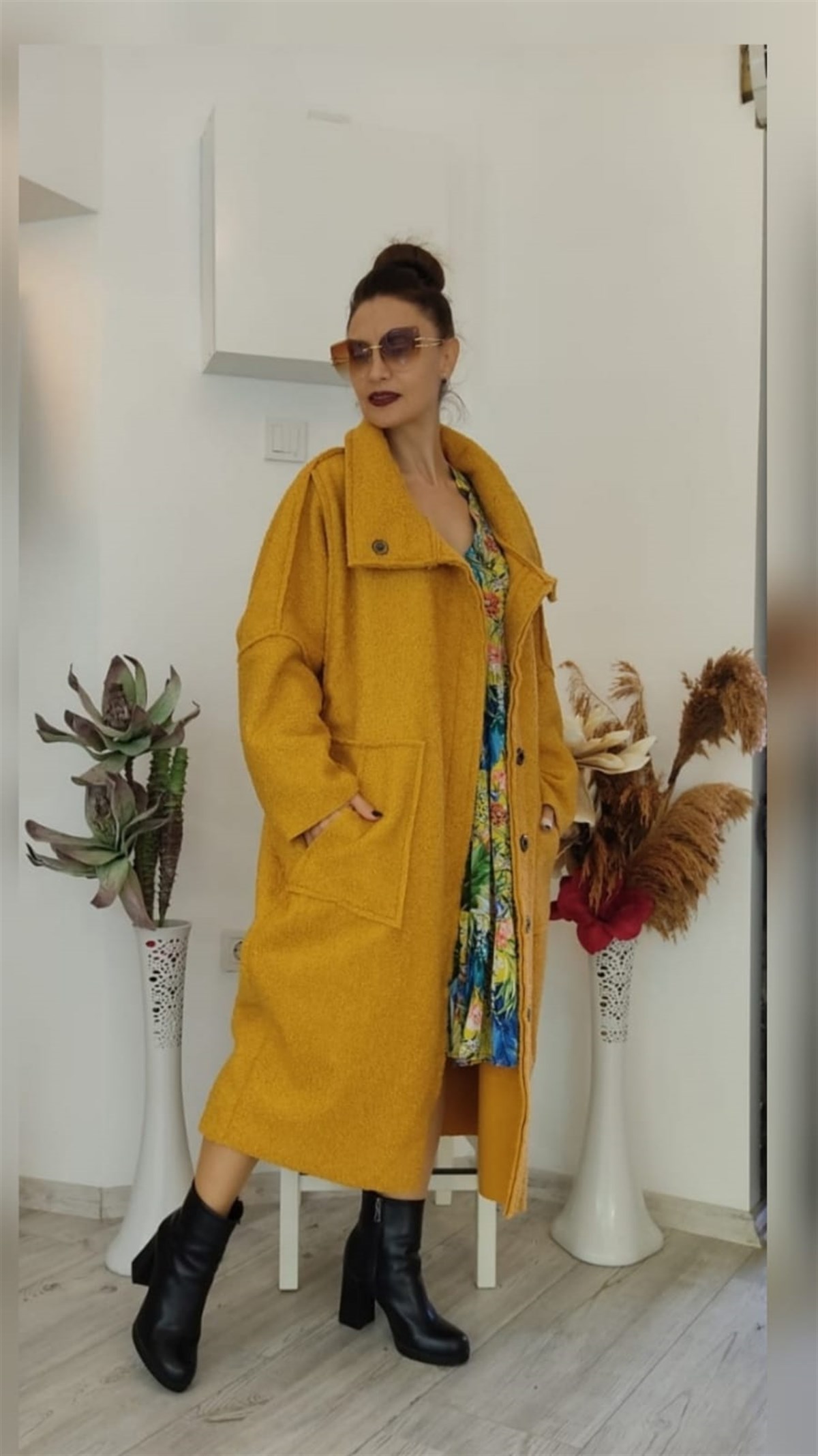 Hardal Rengi Yün Buklet İçi Polar Kaban (Oversize)