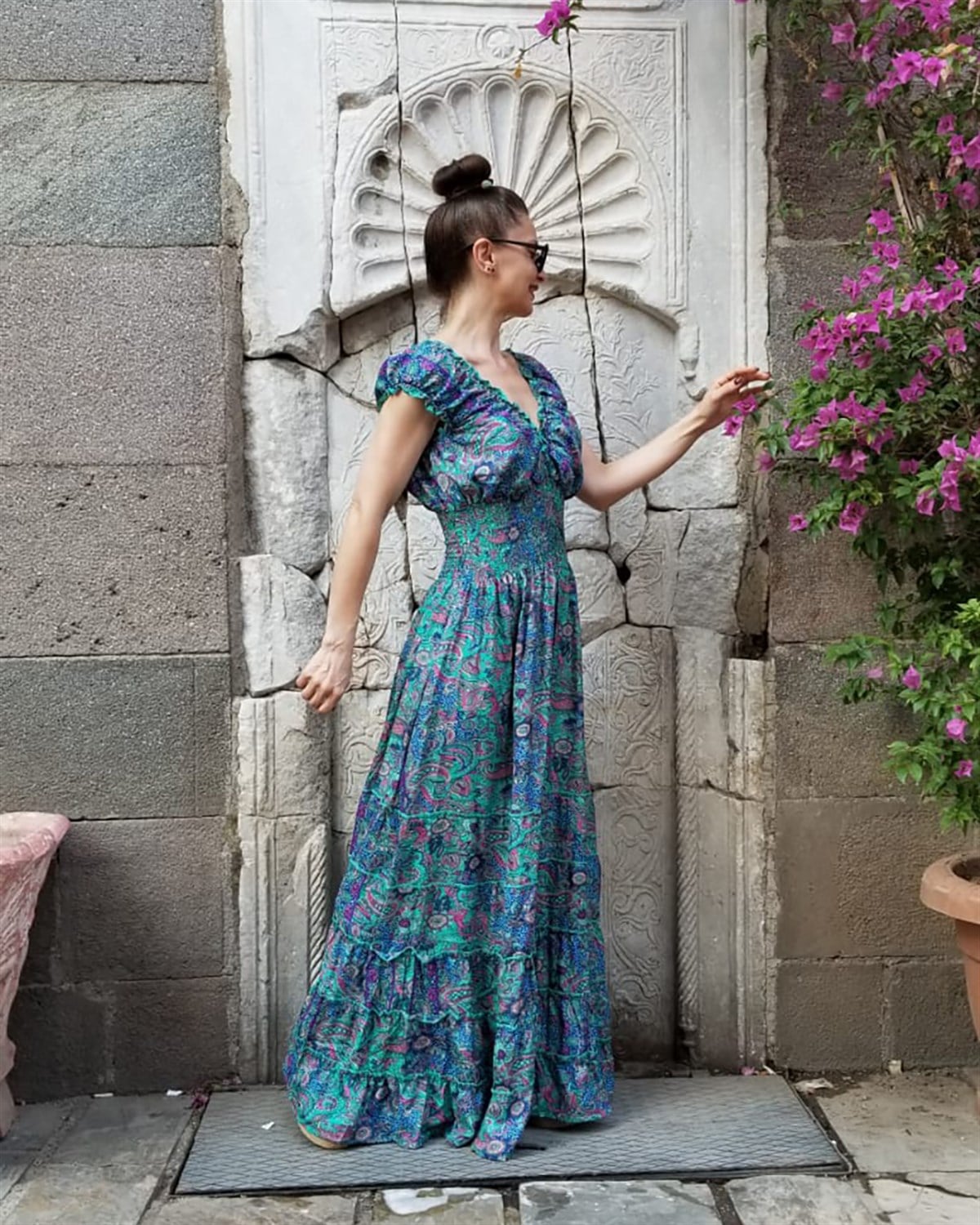 Hind İpeği Beli Lastikli Şal Desen Uzun Elbise