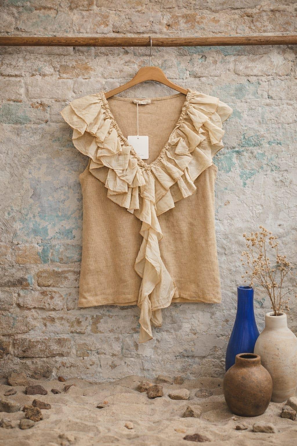 İtalian V Yaka Cotton Penye Bluz Renk Camel
