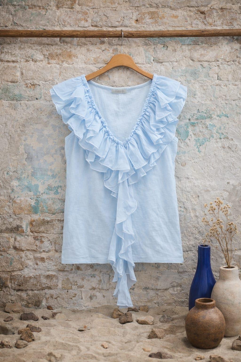 İtalian V Yaka Cotton Penye Bluz Renk Bebe Mavisi
