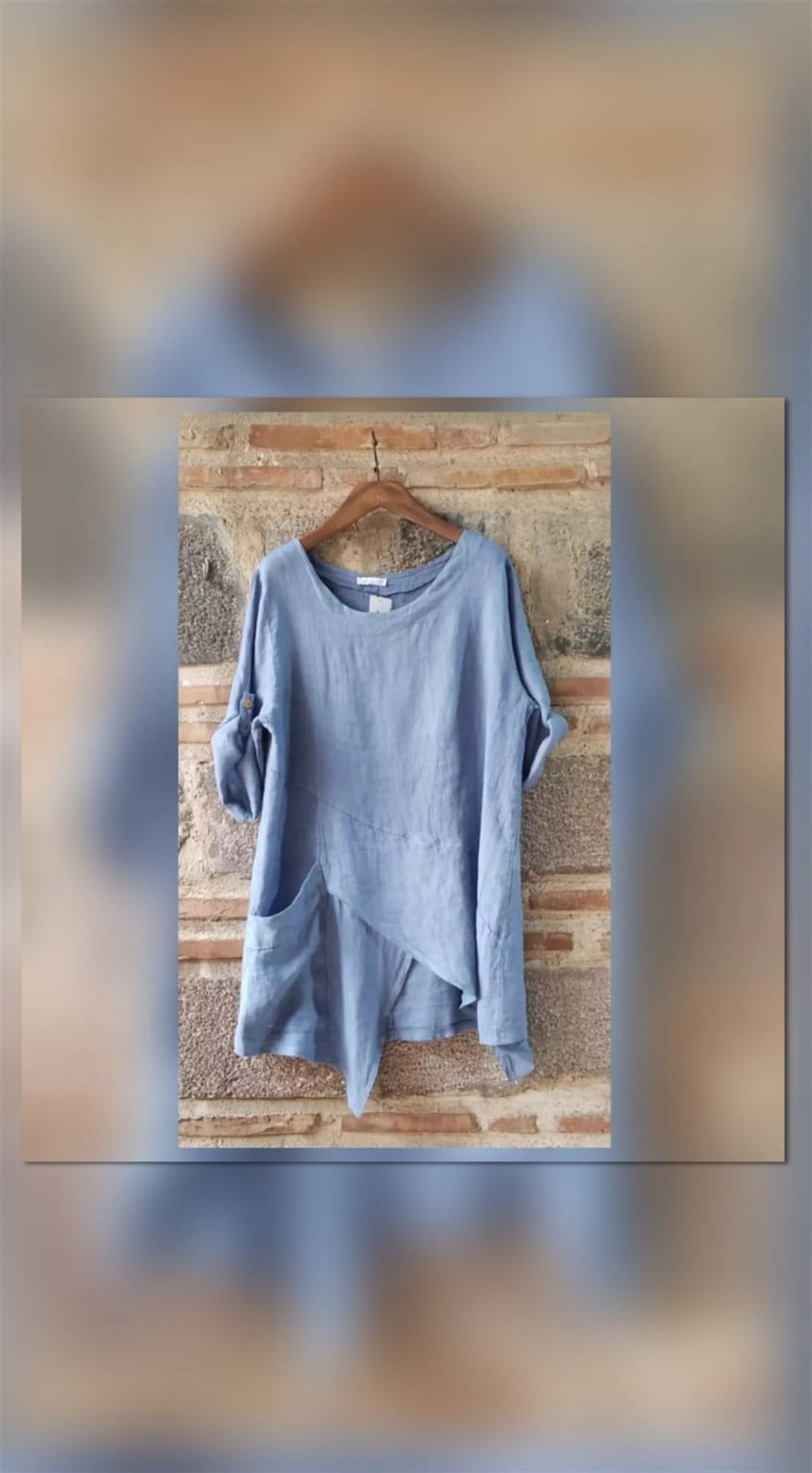 İtalyan İndigo Mavi Rengi Keten Bluz