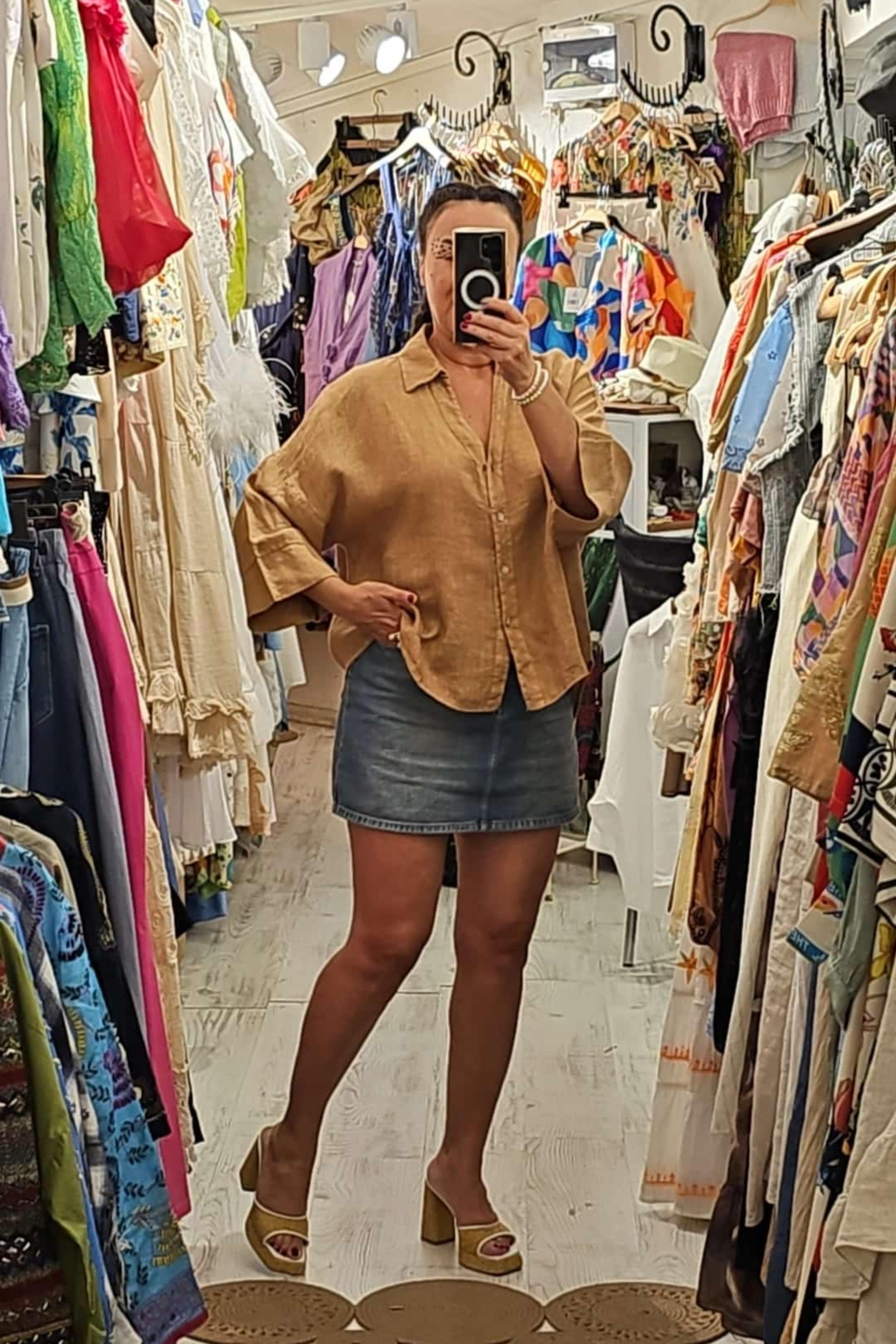 İtalyan Keten Kumaş Bluz Camel Rengi
