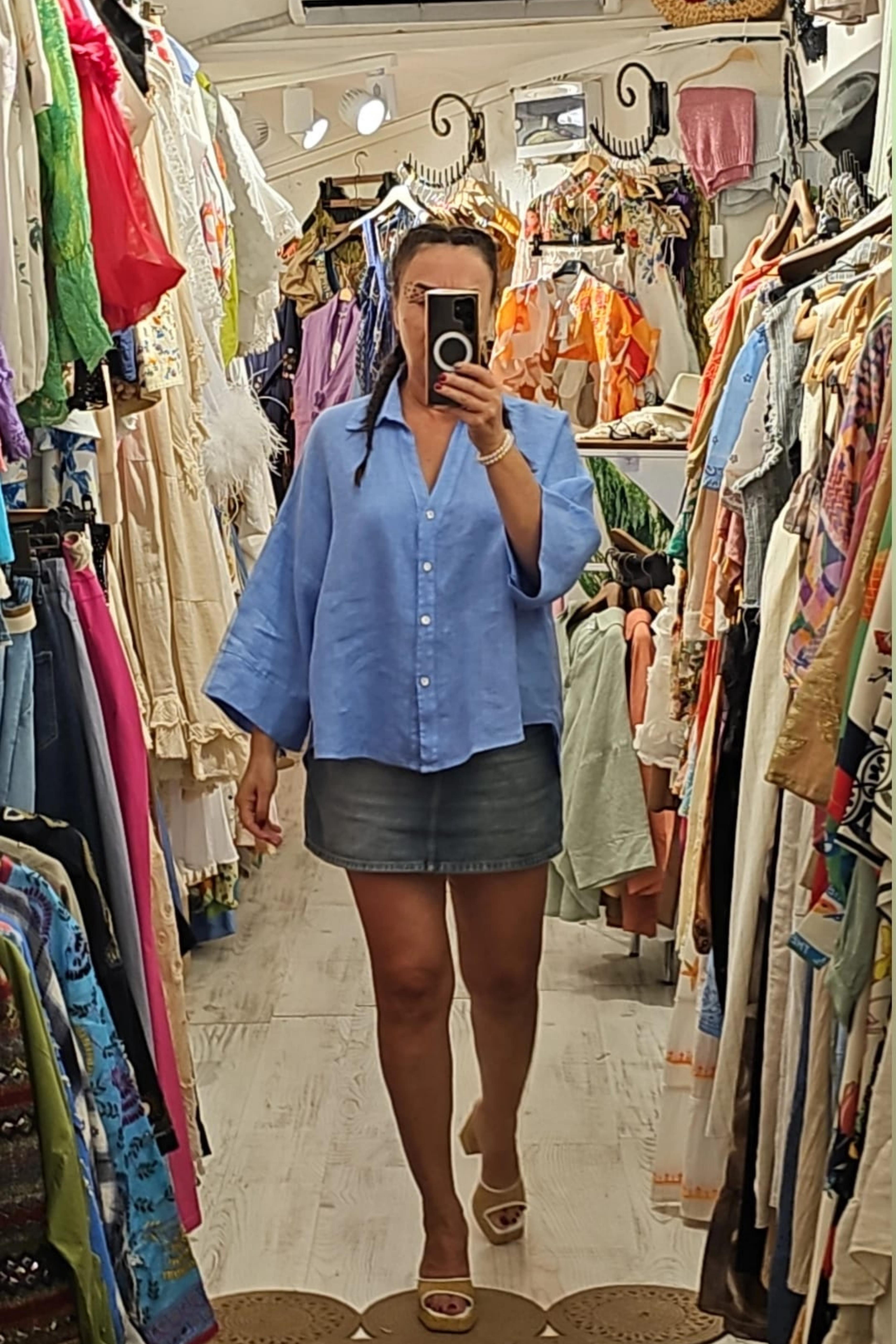 İtalyan Keten Kumaş Bluz Mavi