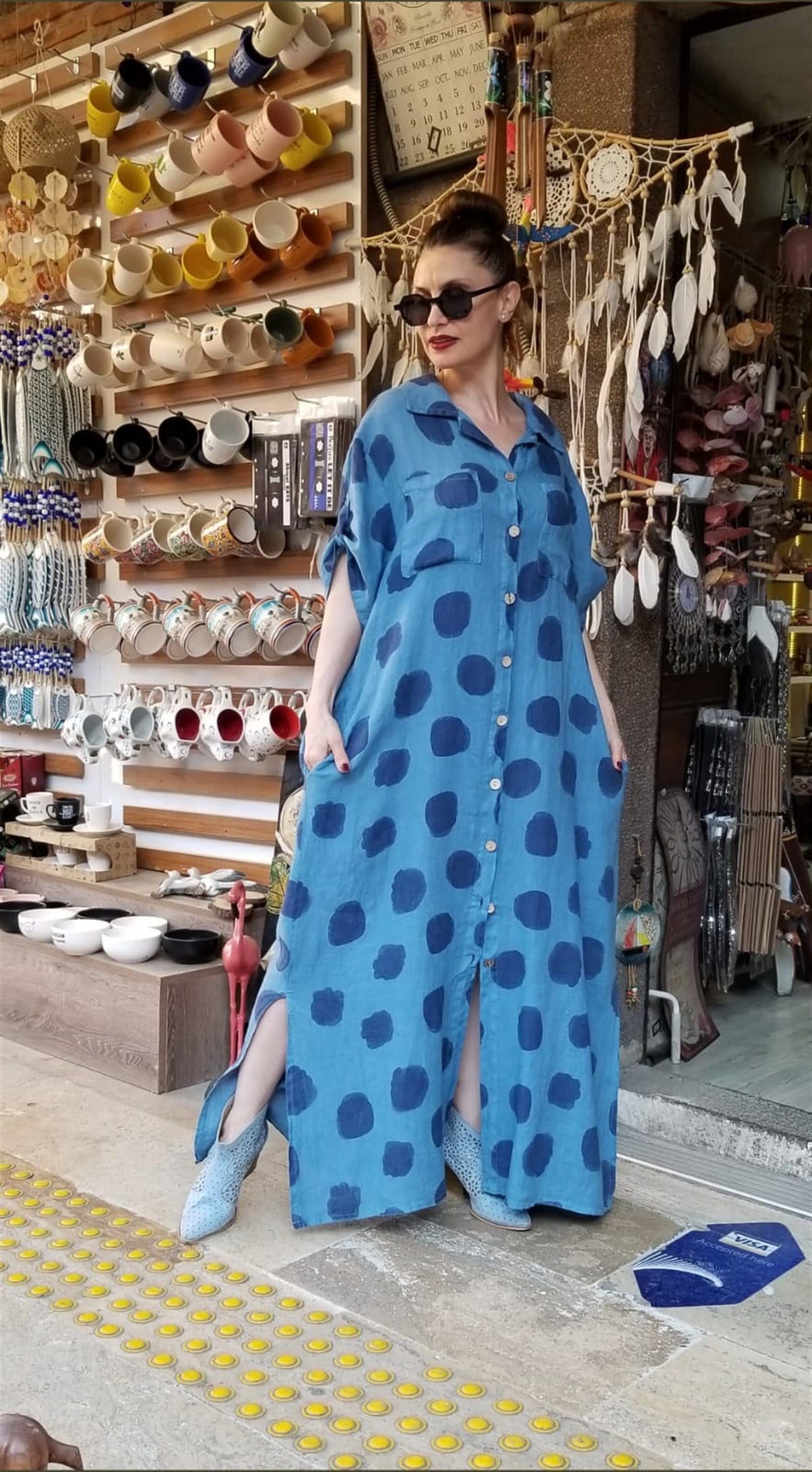 İtalyan Keten Mavi Elbise Cepli Önden Düğmeli Puantiyeli