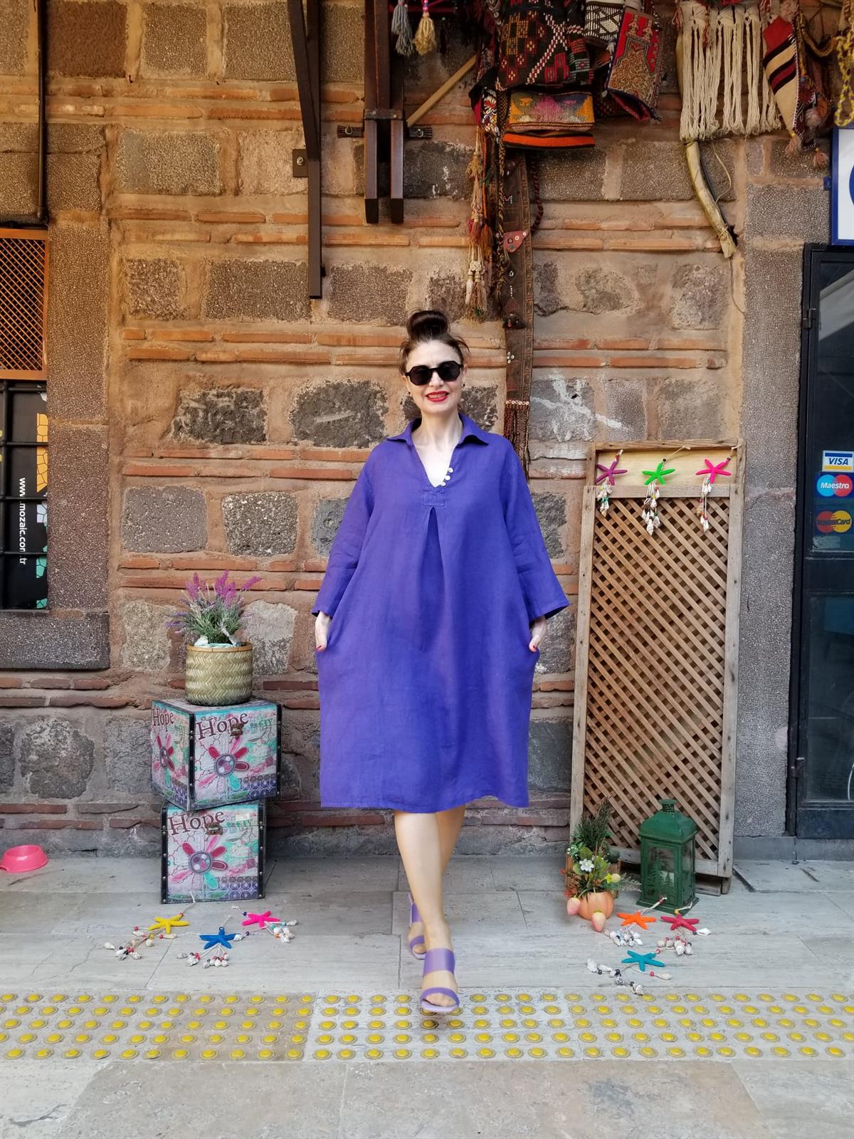 İTALYAN MOR RENGİ KETEN KUMAŞ ELBİSE