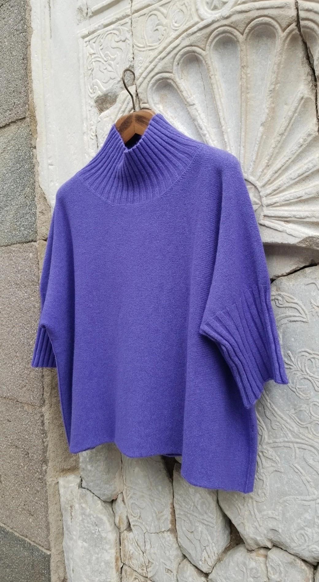 İtalyan Triko Örme Dik Yaka Mor Kazak