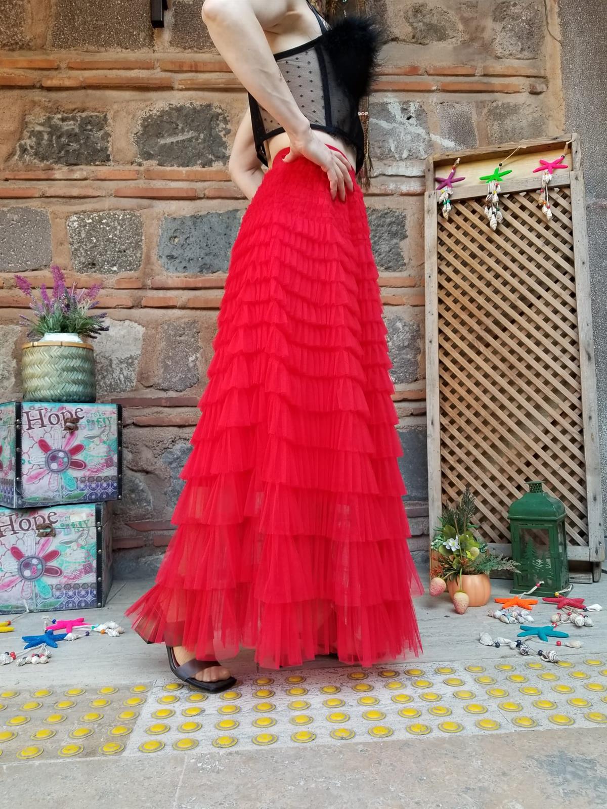 İTALYAN TÜL ETEK KIRMIZI