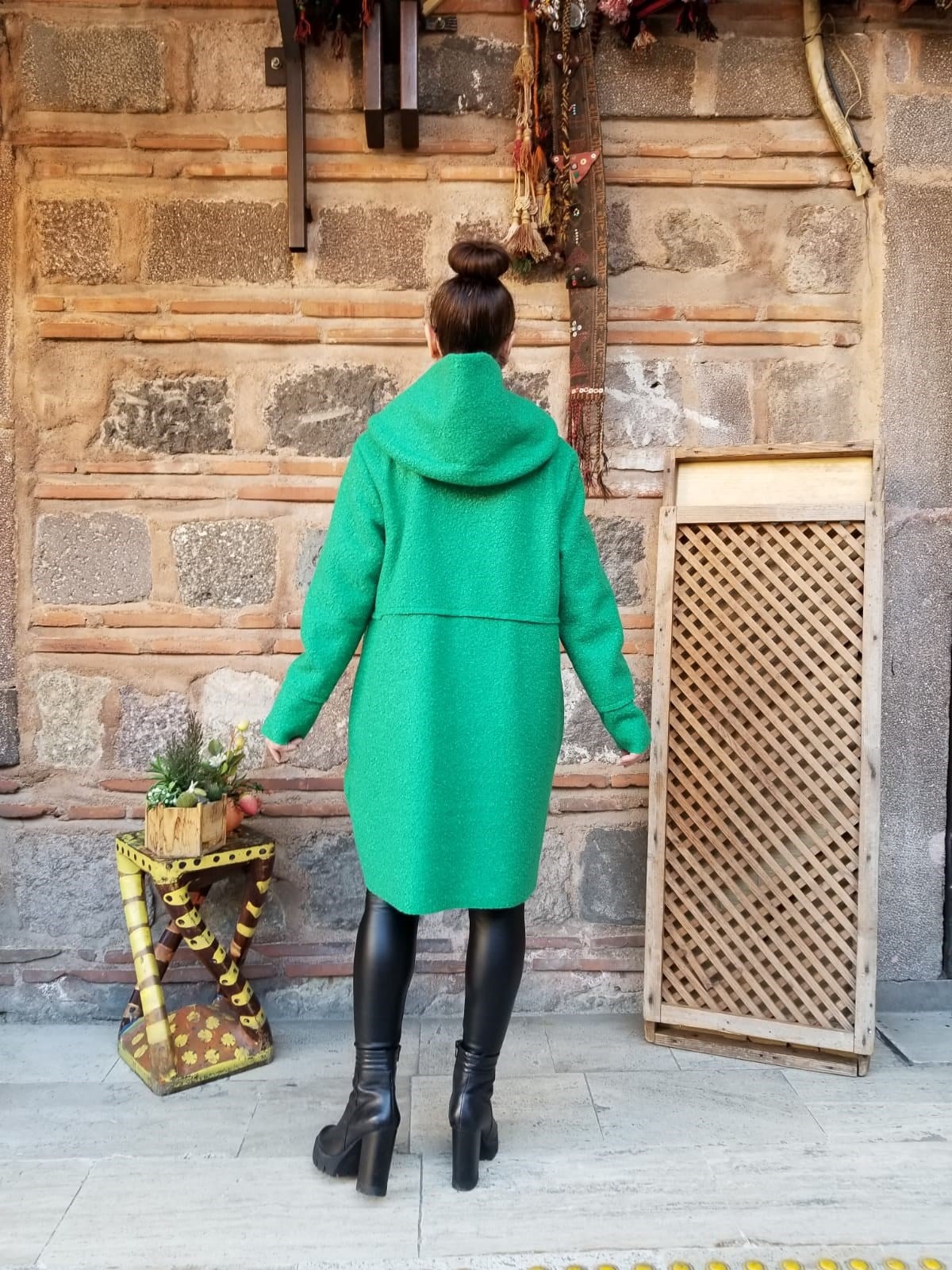 İtalyan Yeşil Yün Buklet Kaban