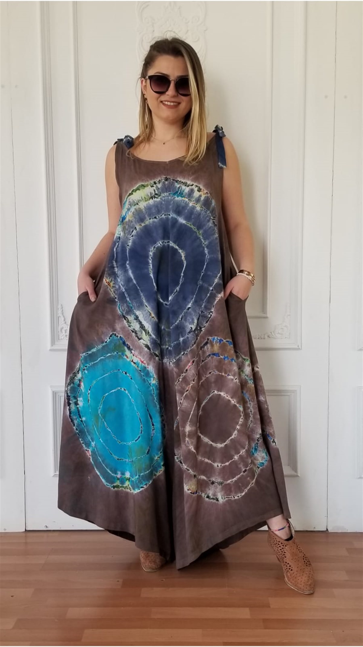 Kahve Rengi Batik Desenli Tulum Elbise