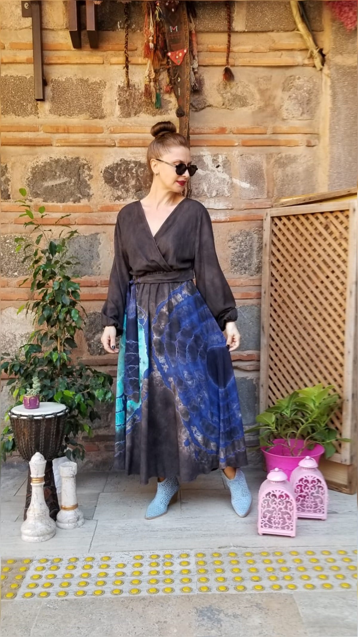 Kahverengi Batikli Kruvaze Elbise