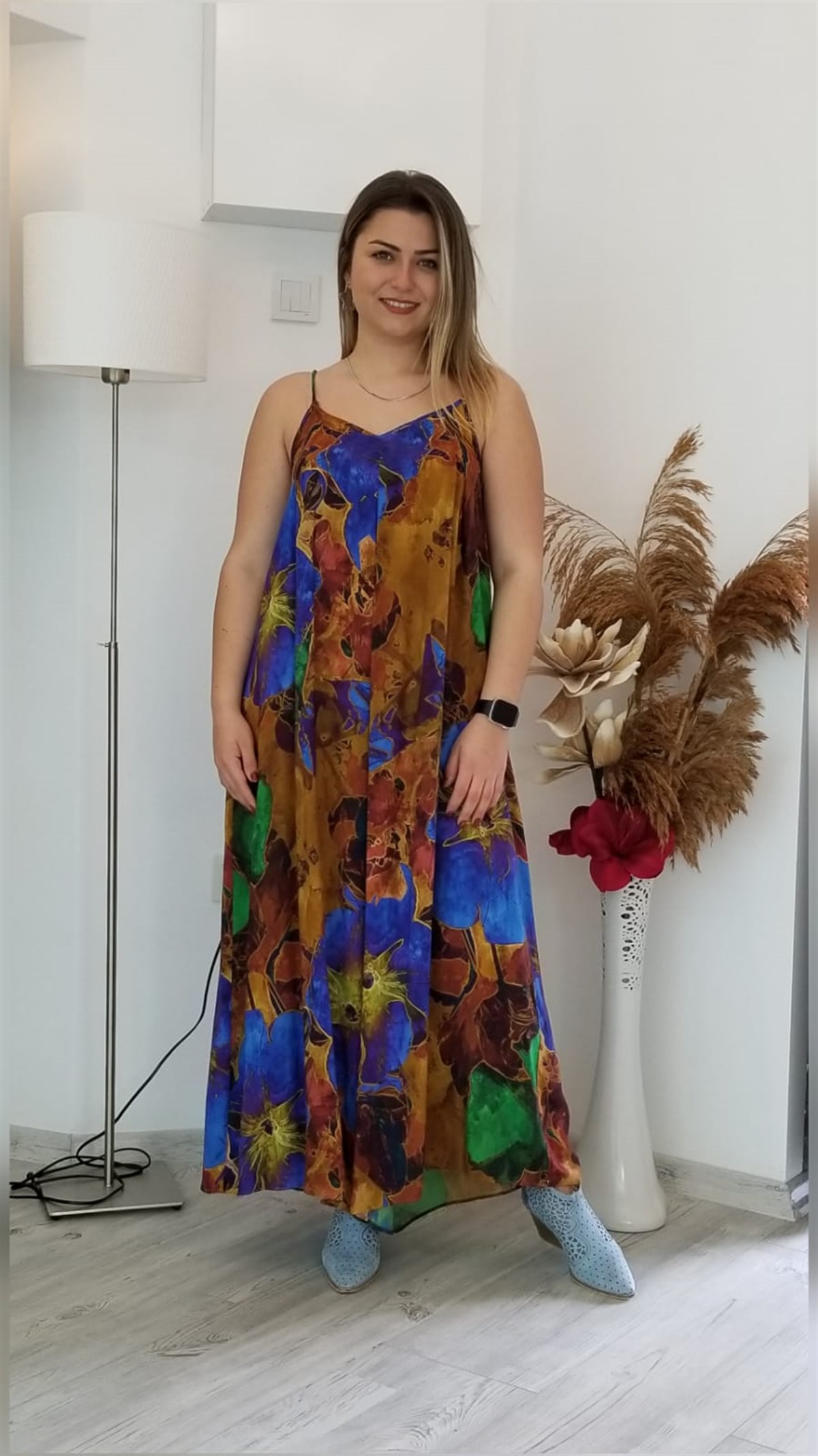 Kahverengi Desenli İp Askılı Tulum Elbise