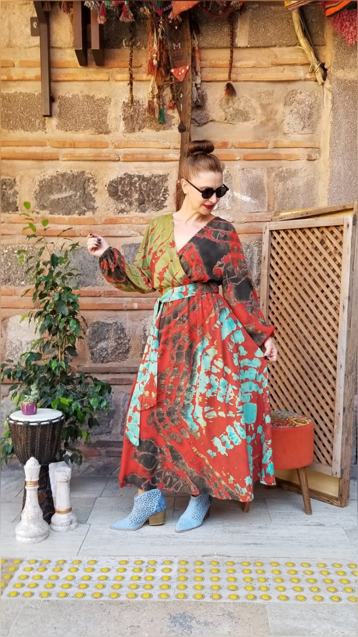 Kiremit Rengi Batikli Kruvaze Elbise