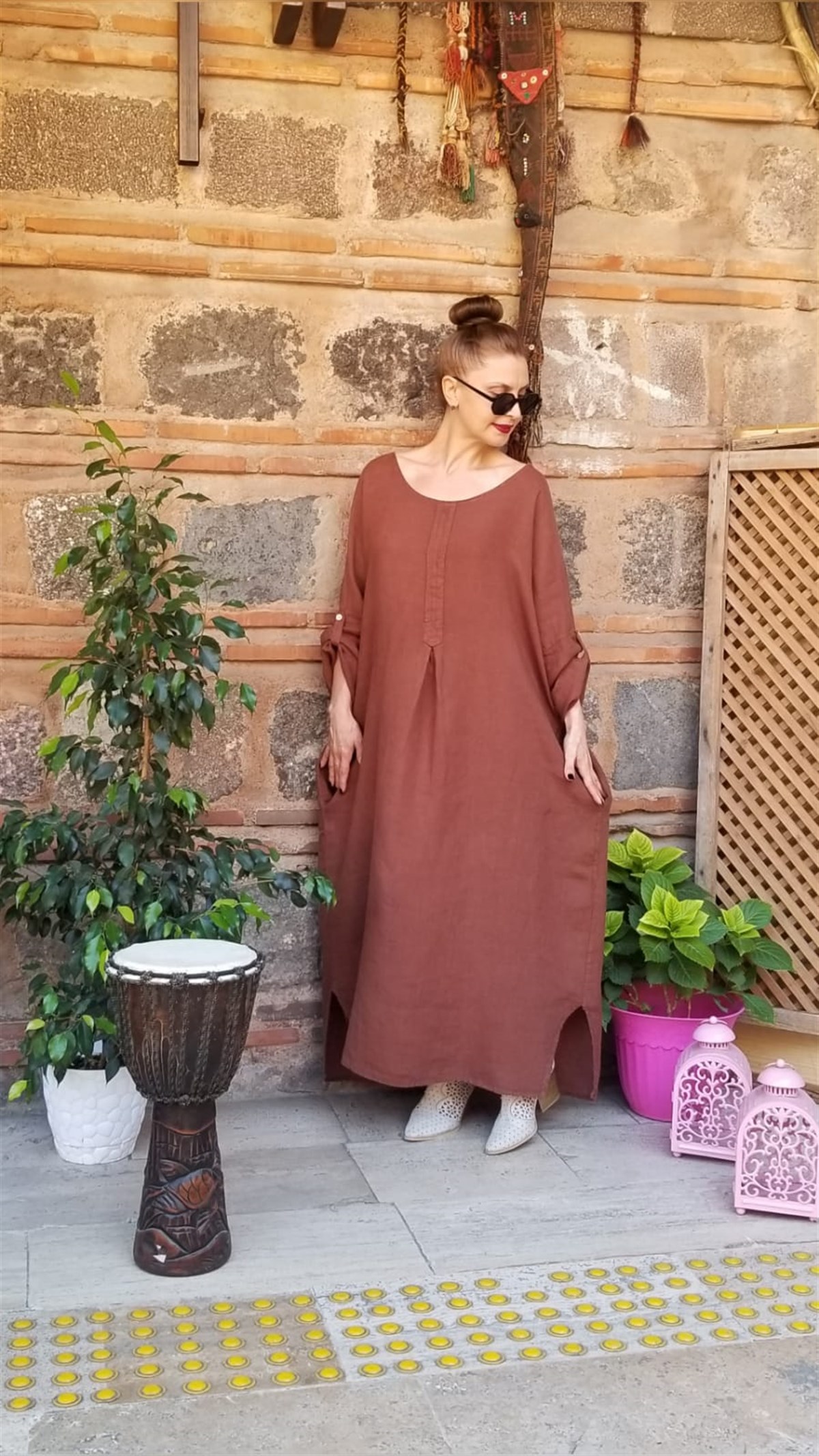 Kiremit Rengi İtalyan Keten Kumaş Salaş Elbise