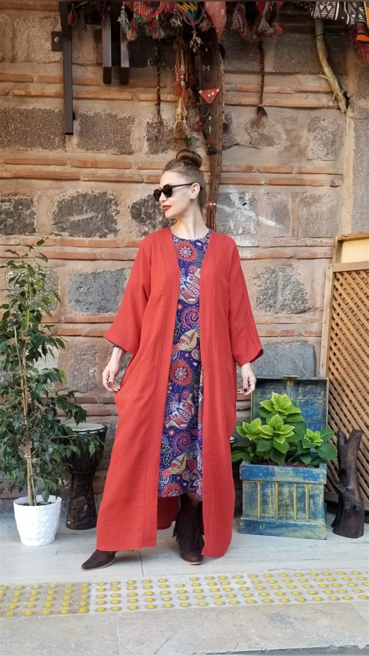 Kiremit Rengi Müslin Kumaş Kaftan
