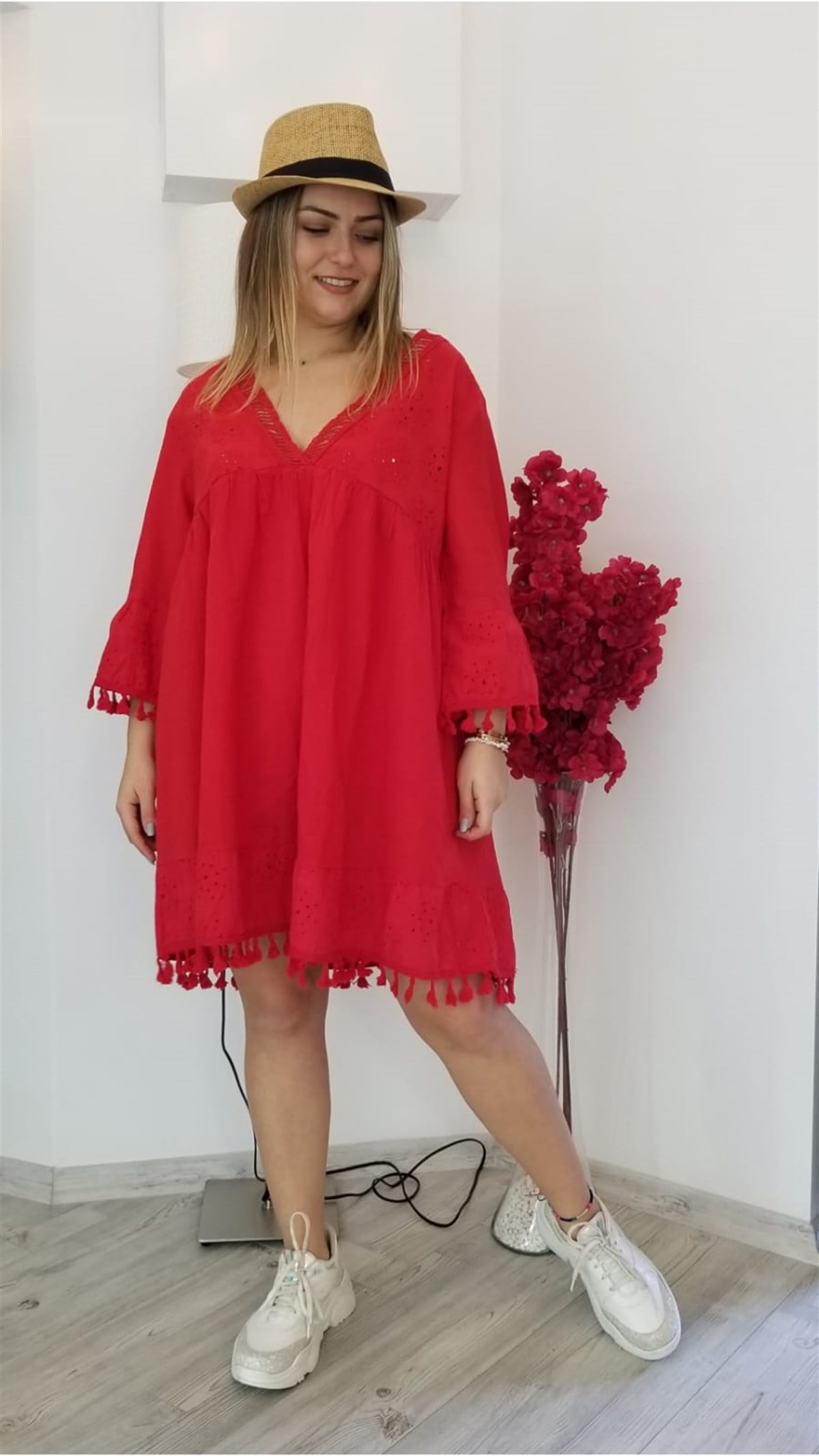 Kırmızı Bohem Mini Elbise